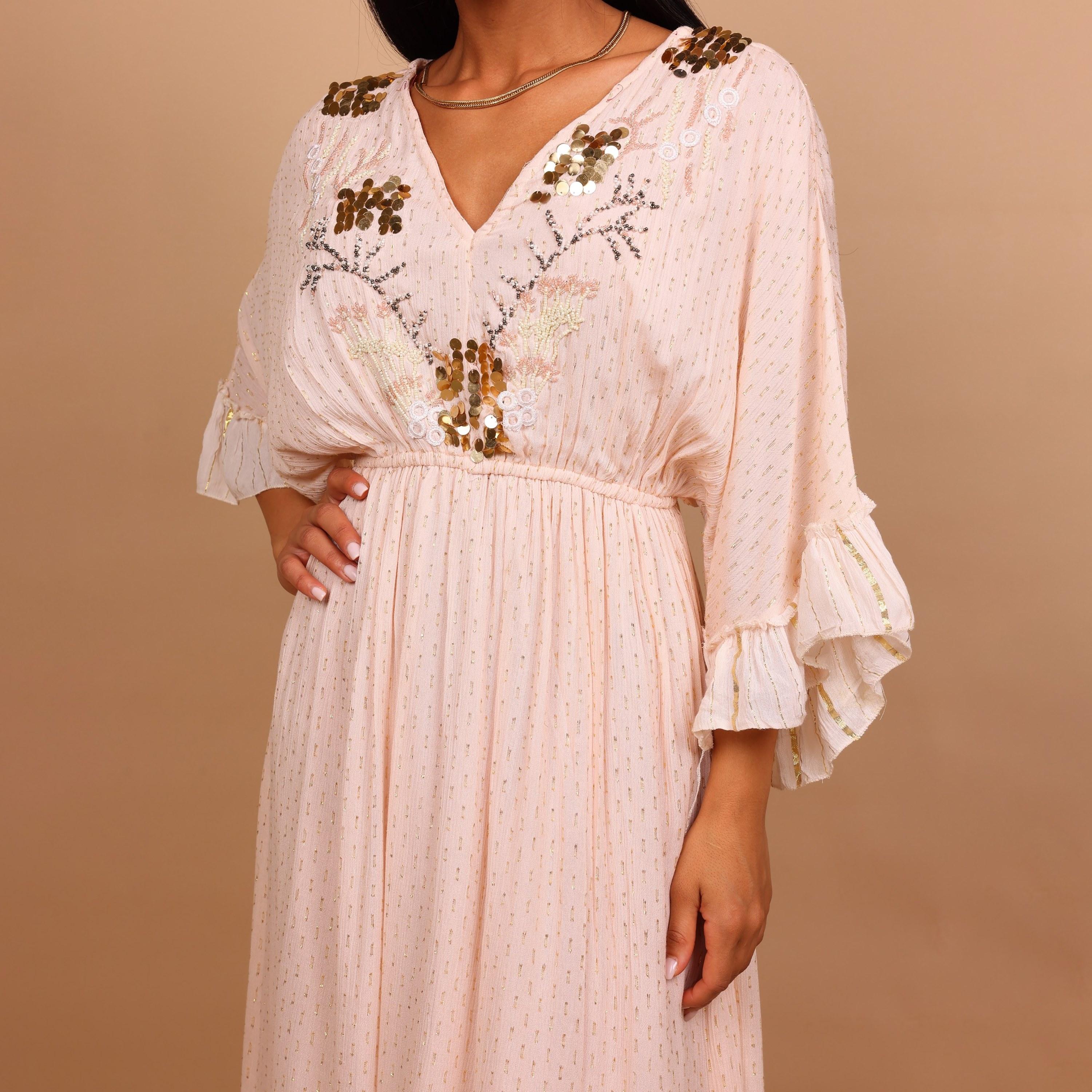 جلابية نسائية بطبقات وأكمام كشكش معدنية مع صدرية مطرزة بالخرز من إيككسا-women-arabicclothing-jalabiyas-image-8