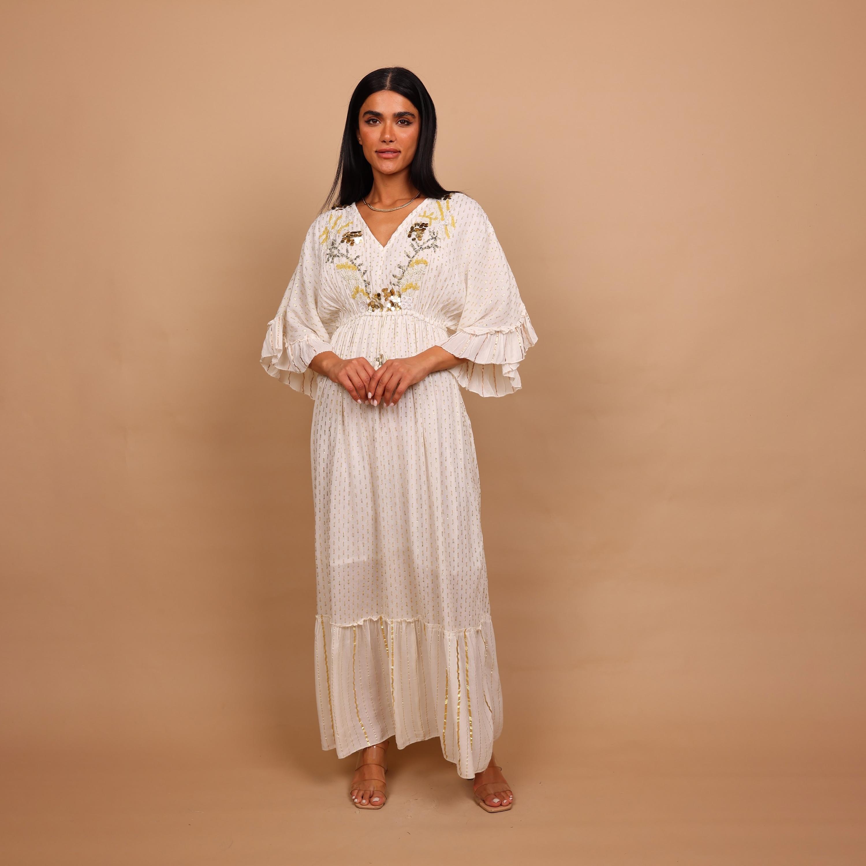جلابية نسائية بطبقات وأكمام كشكش معدنية مع صدرية مطرزة بالخرز من إيككسا-women-arabicclothing-jalabiyas-image-12