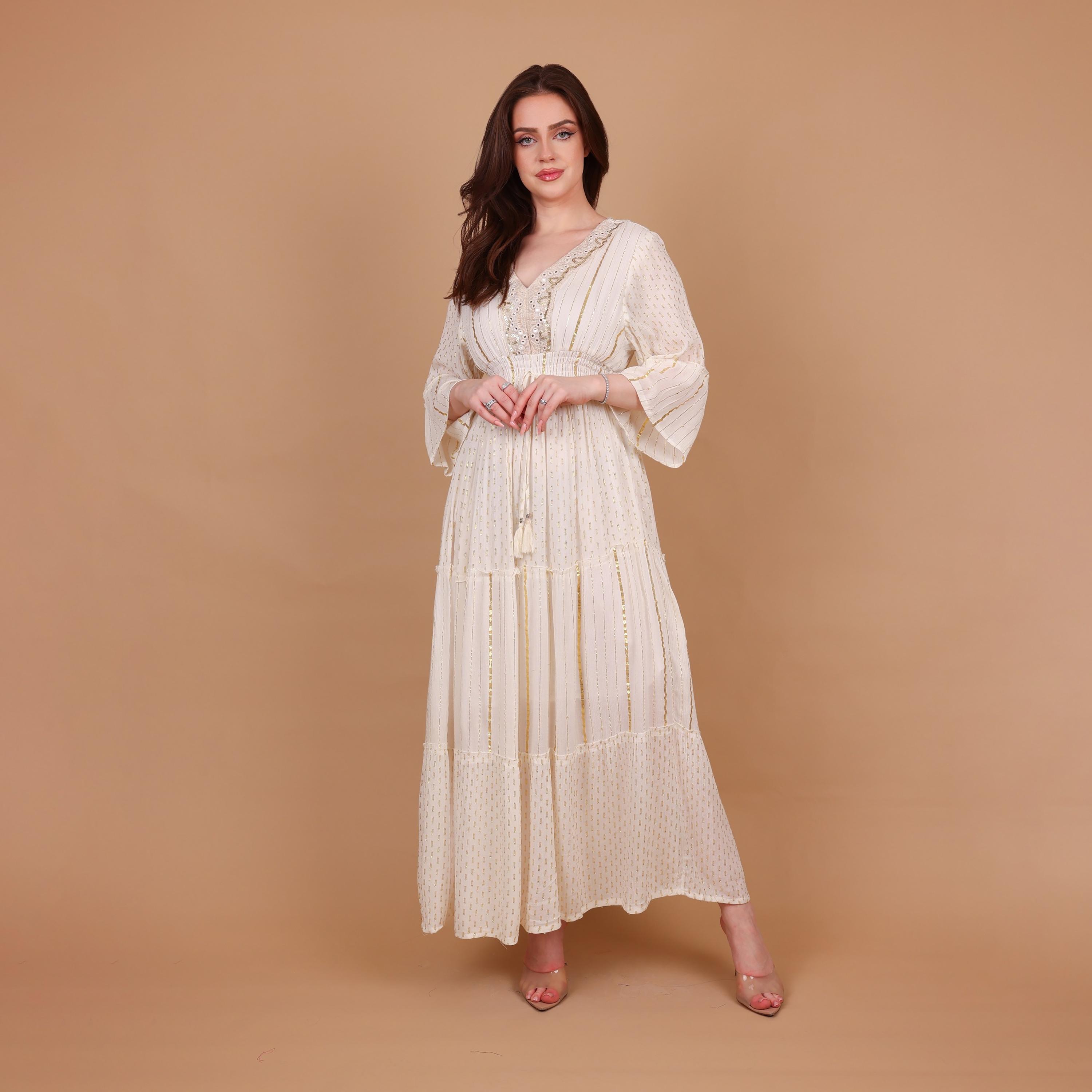 IKKXA Metallic Striped Bell Sleeves Women's Tiered Jalabiya-women-arabicclothing-jalabiyas-image-1
