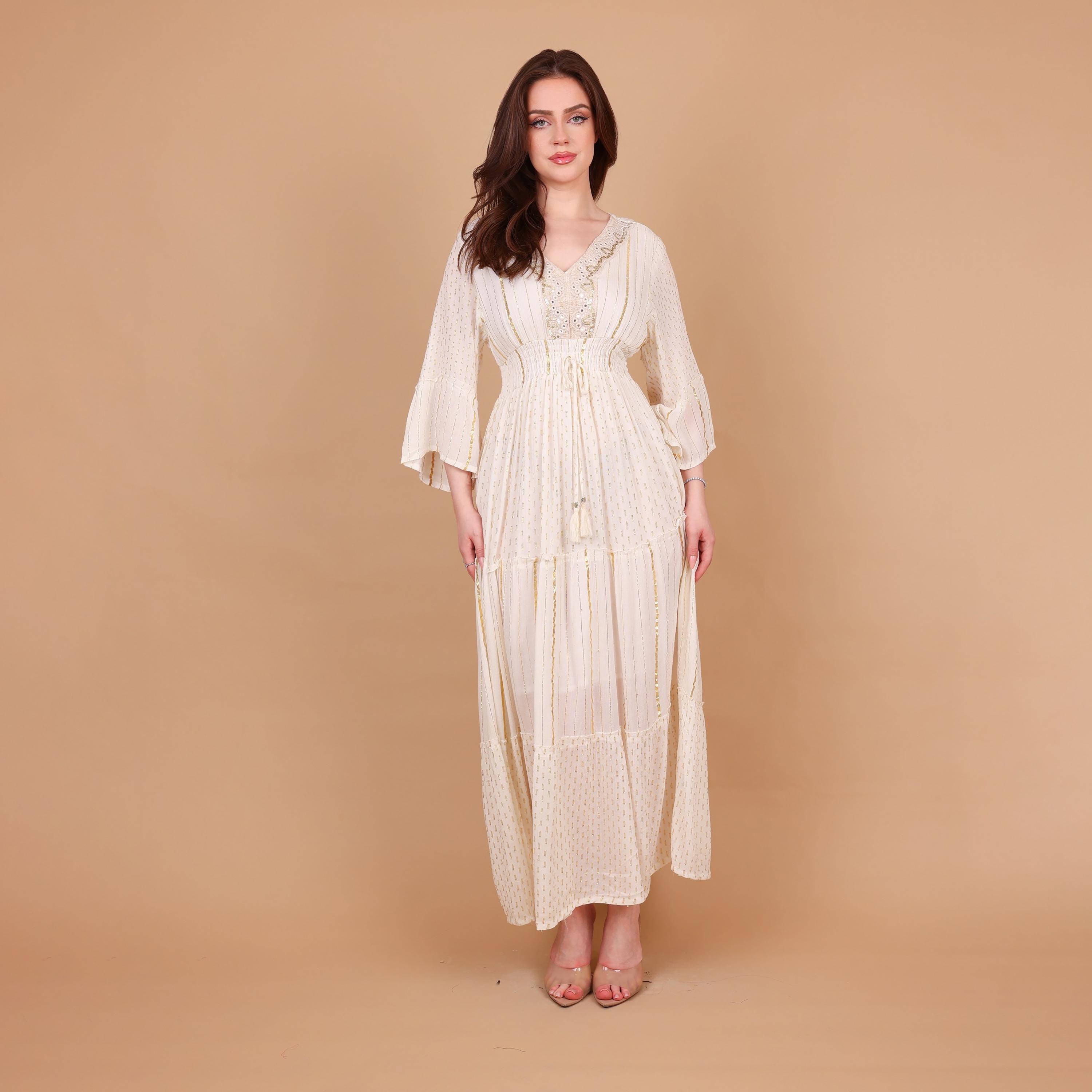 IKKXA Metallic Striped Bell Sleeves Women's Tiered Jalabiya-women-arabicclothing-jalabiyas-image-2