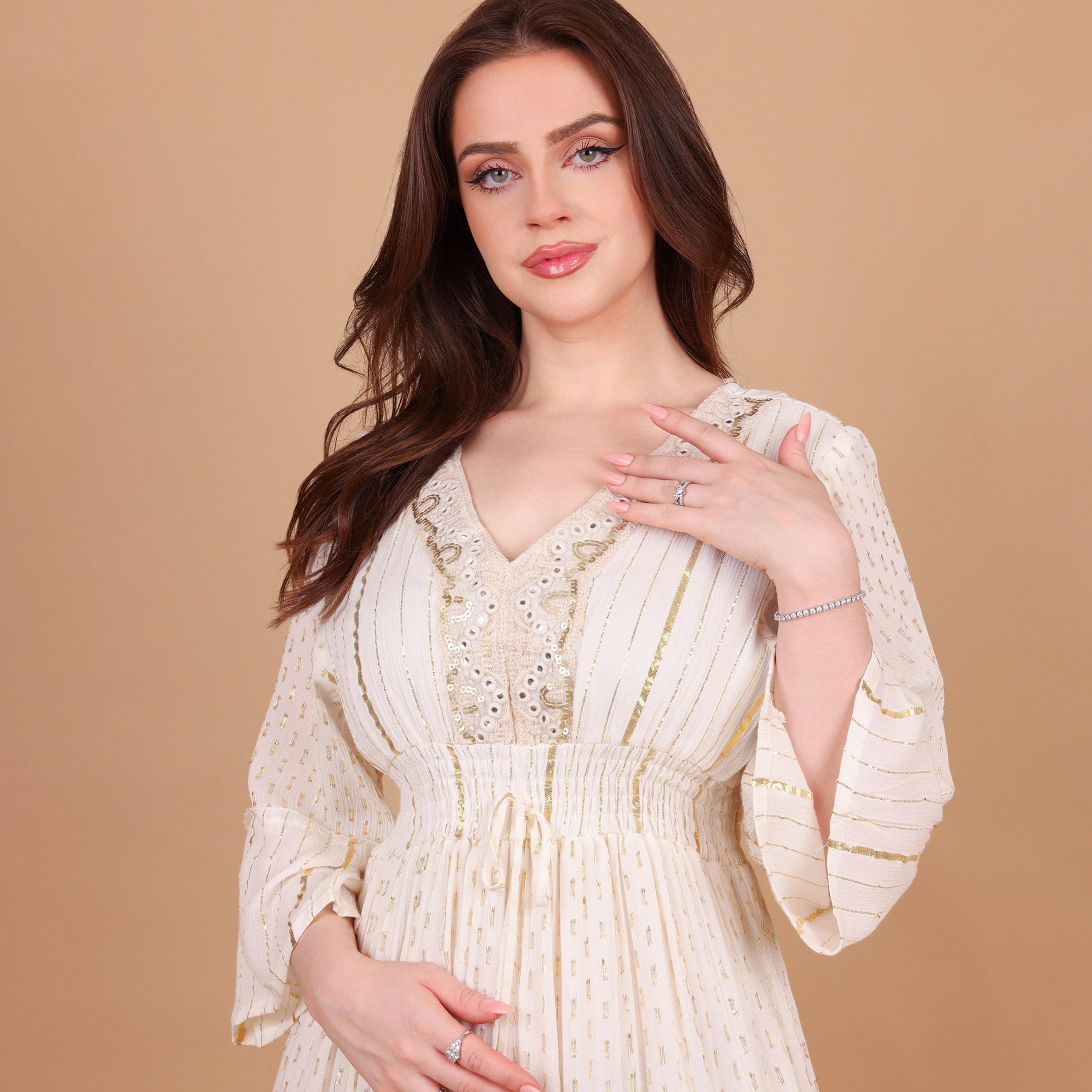 IKKXA Metallic Striped Bell Sleeves Women's Tiered Jalabiya-women-arabicclothing-jalabiyas-image-3