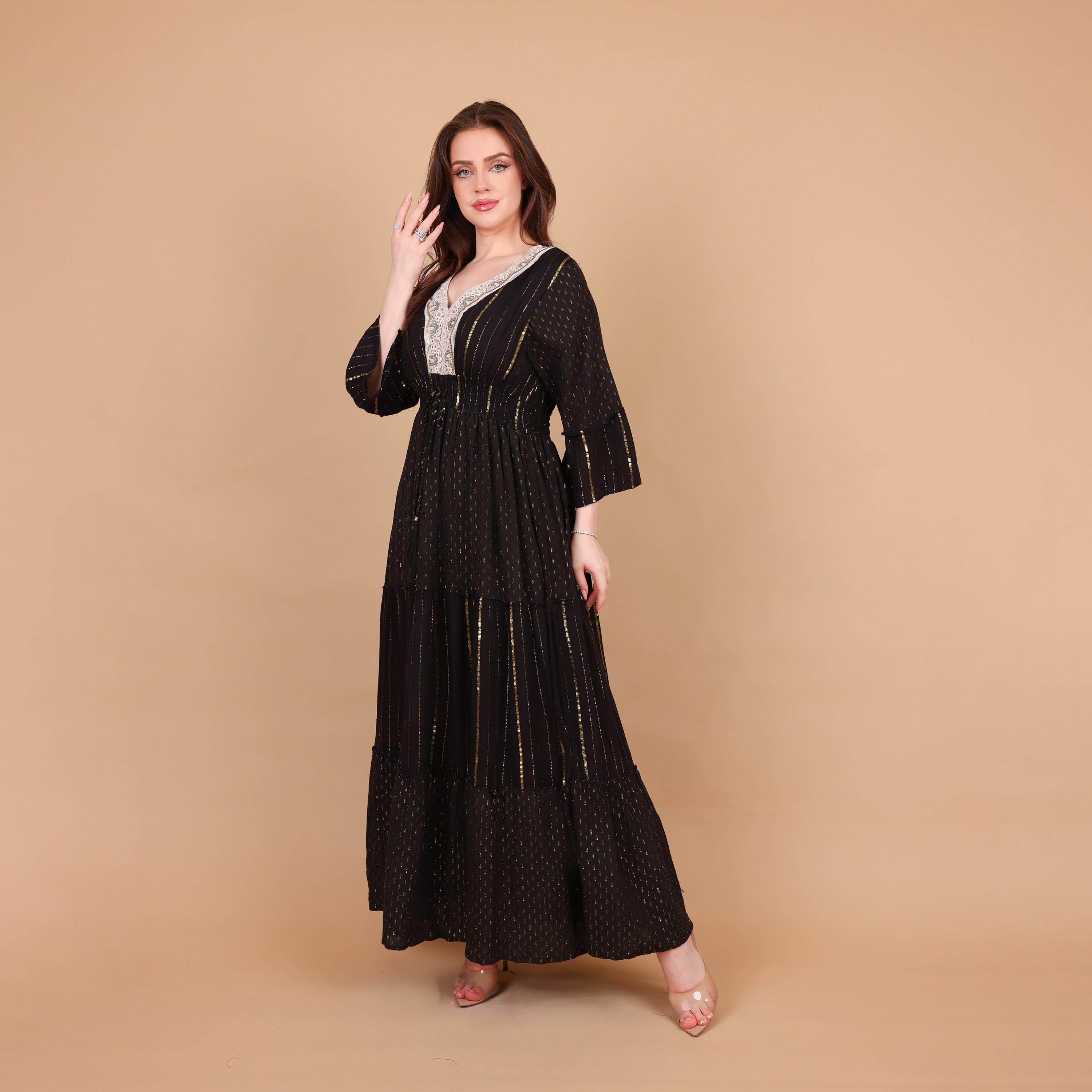 IKKXA Metallic Striped Bell Sleeves Women's Tiered Jalabiya-women-arabicclothing-jalabiyas-image-2
