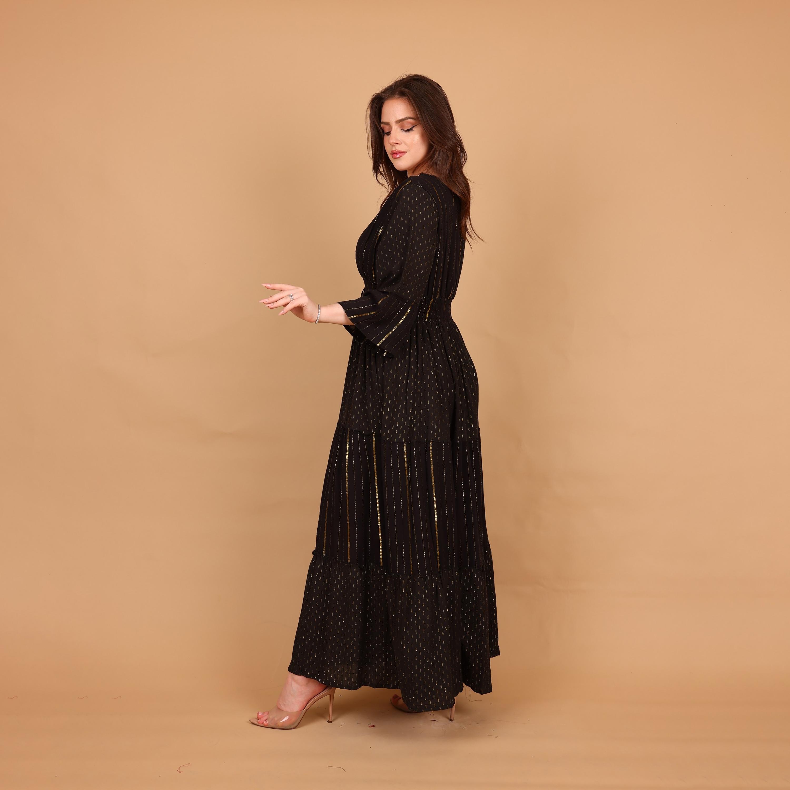 IKKXA Metallic Striped Bell Sleeves Women's Tiered Jalabiya-women-arabicclothing-jalabiyas-image-4