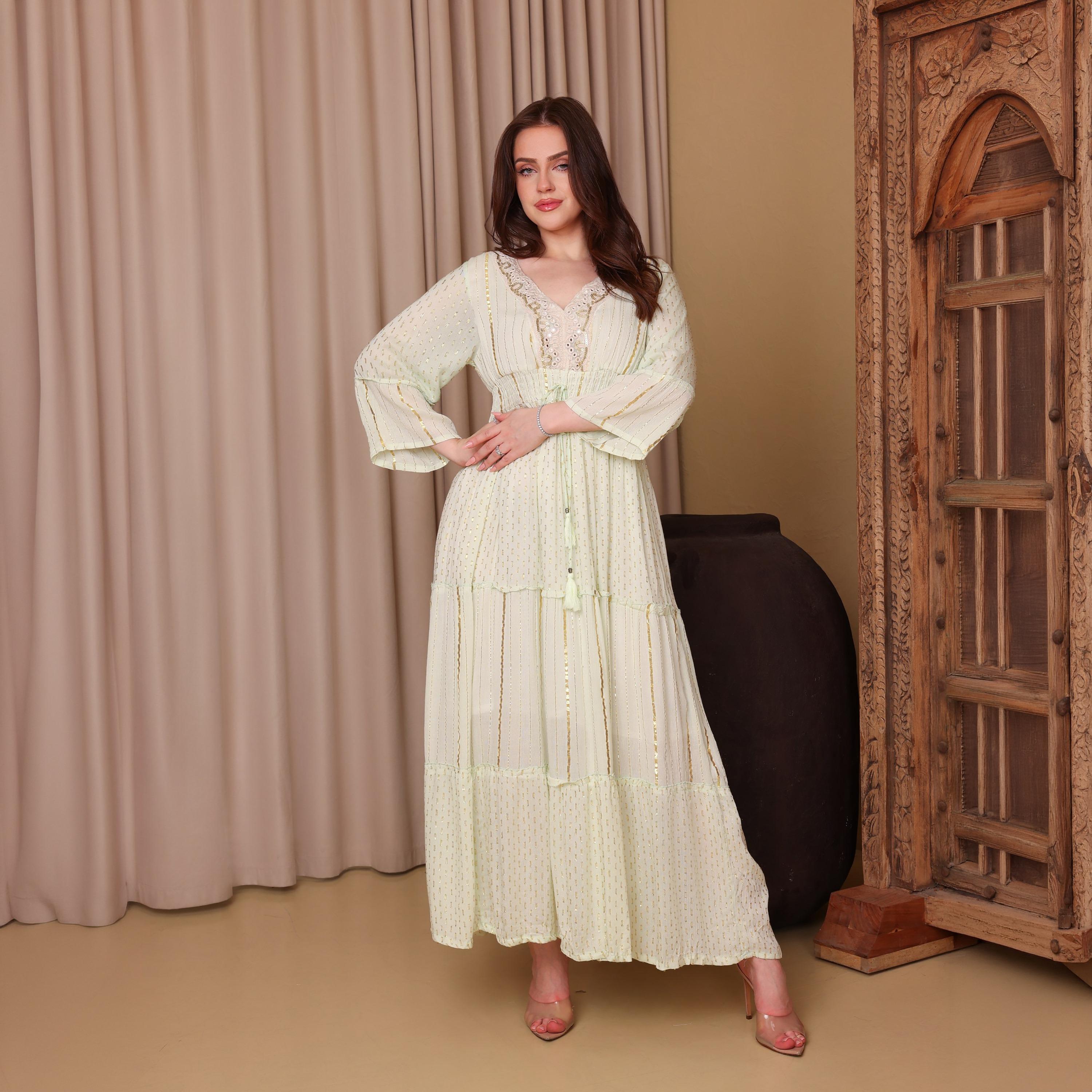 IKKXA Metallic Striped Bell Sleeves Women's Tiered Jalabiya-women-arabicclothing-jalabiyas-image-1