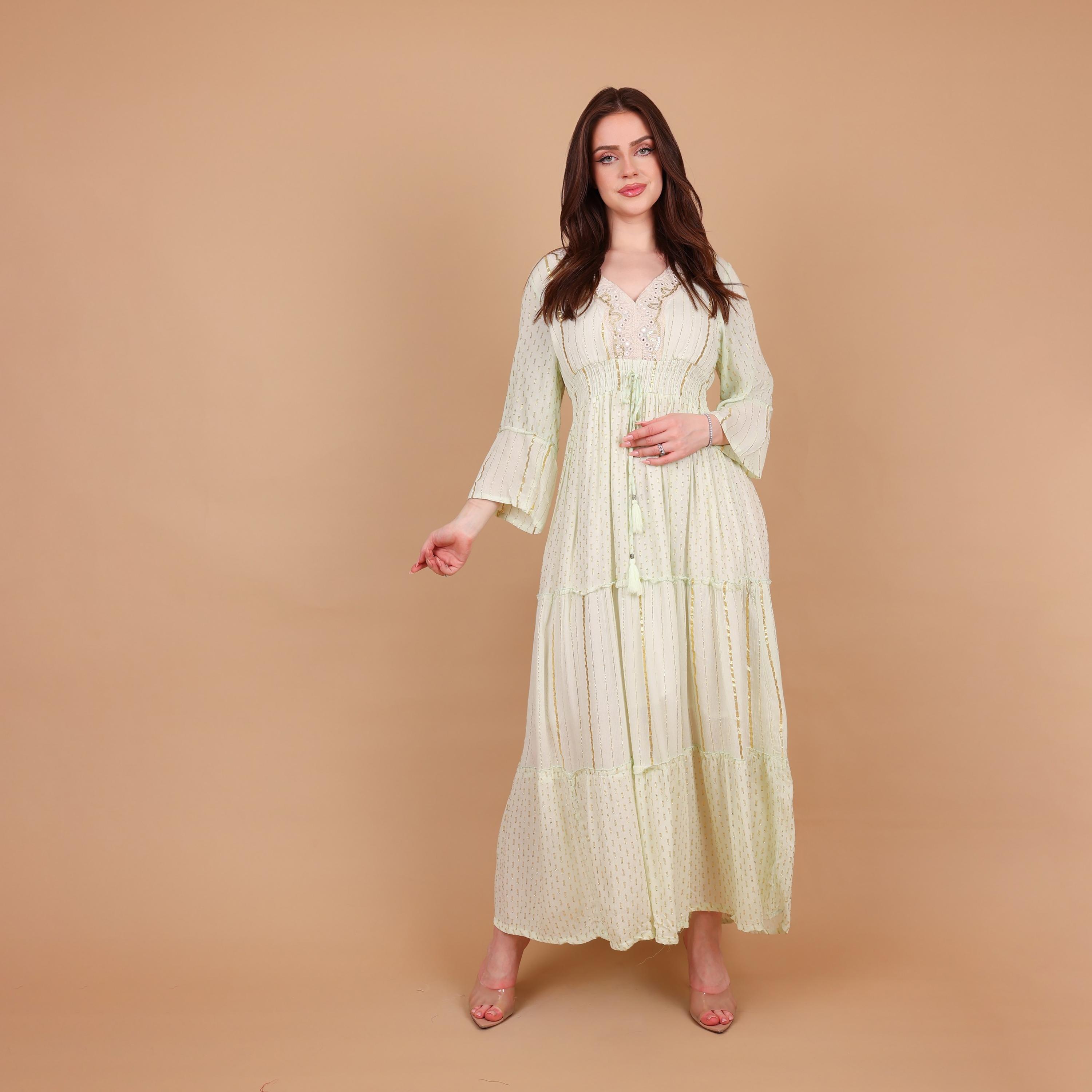 IKKXA Metallic Striped Bell Sleeves Women's Tiered Jalabiya-women-arabicclothing-jalabiyas-image-2