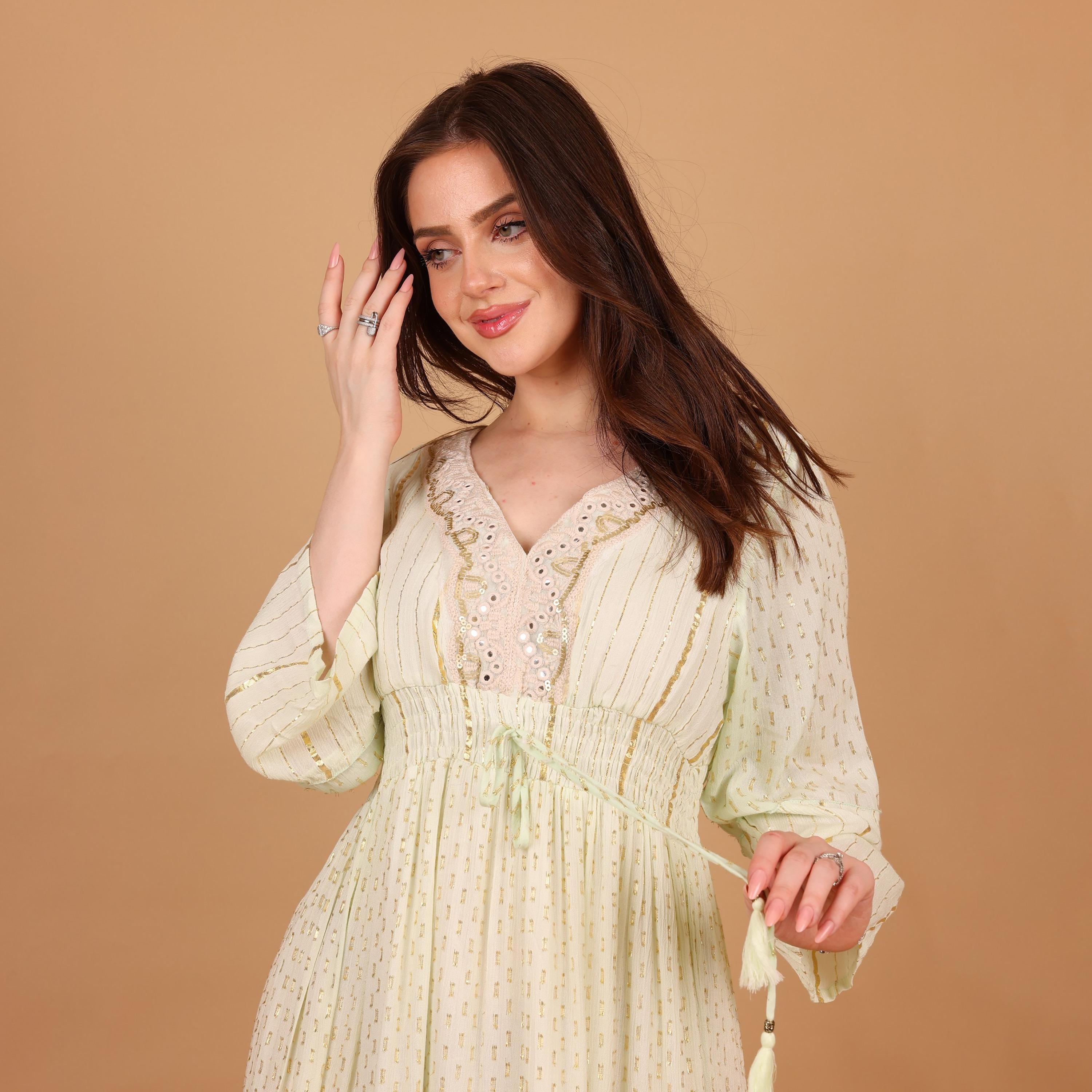 IKKXA Metallic Striped Bell Sleeves Women's Tiered Jalabiya-women-arabicclothing-jalabiyas-image-3