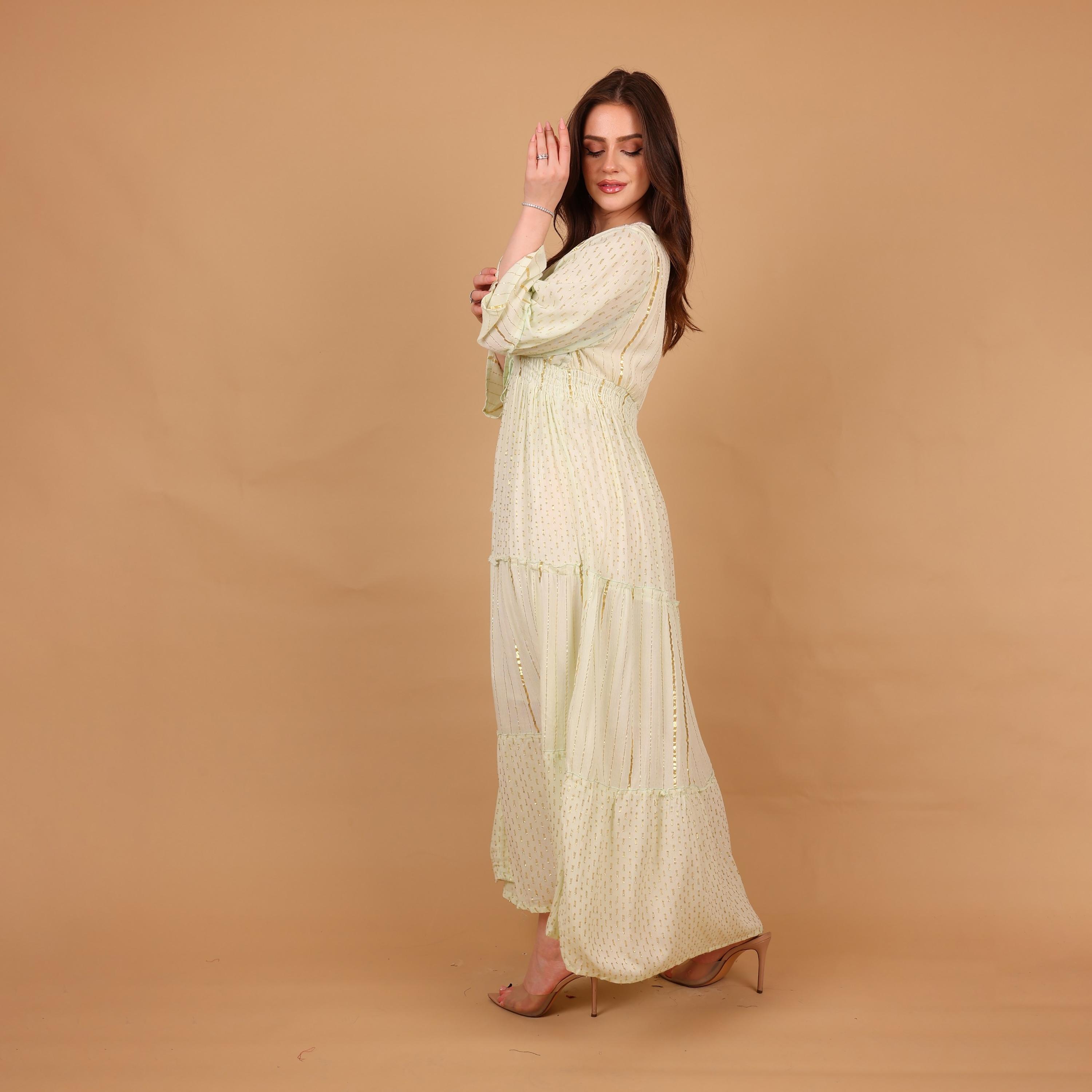 IKKXA Metallic Striped Bell Sleeves Women's Tiered Jalabiya-women-arabicclothing-jalabiyas-image-4