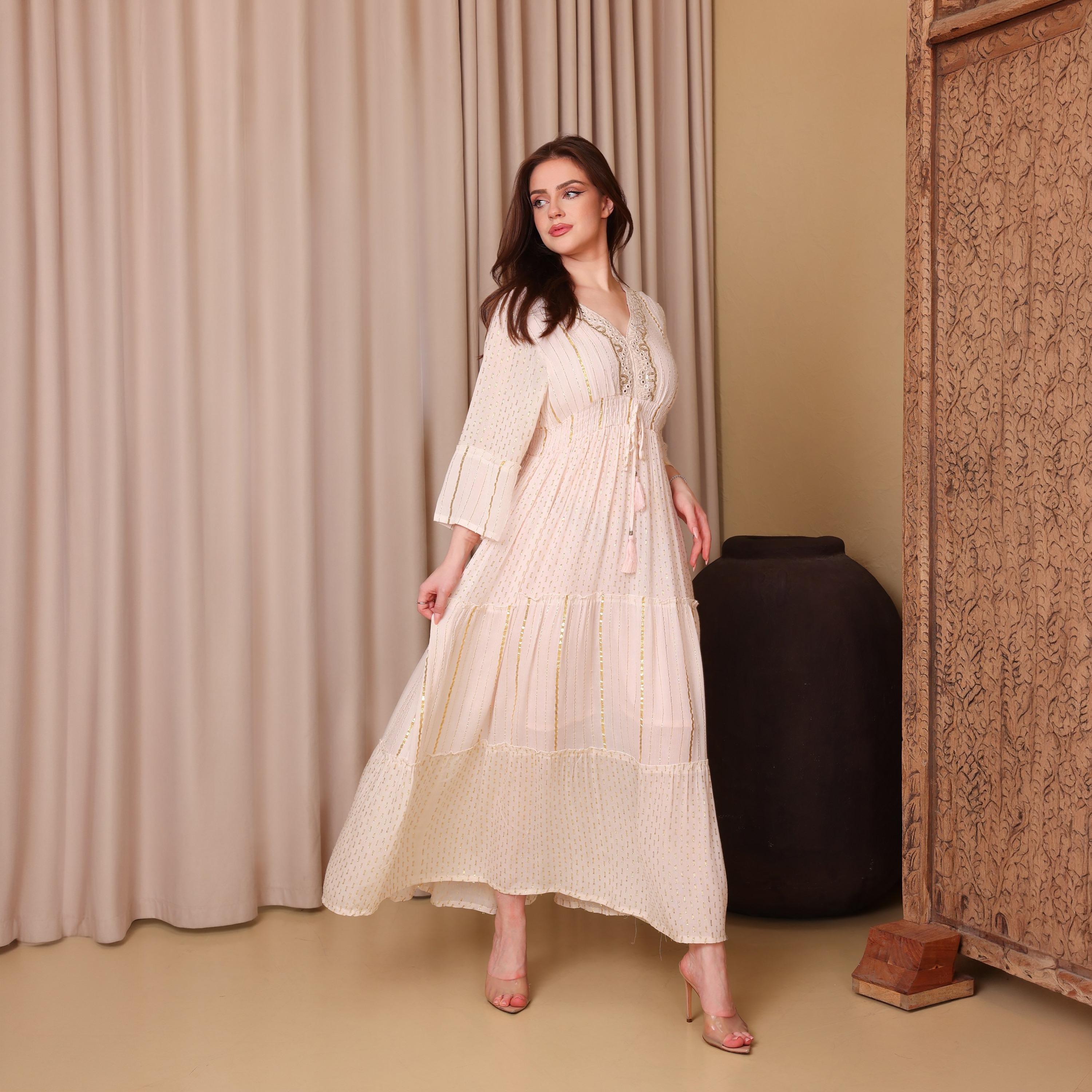 IKKXA Metallic Striped Bell Sleeves Women's Tiered Jalabiya-women-arabicclothing-jalabiyas-image-1