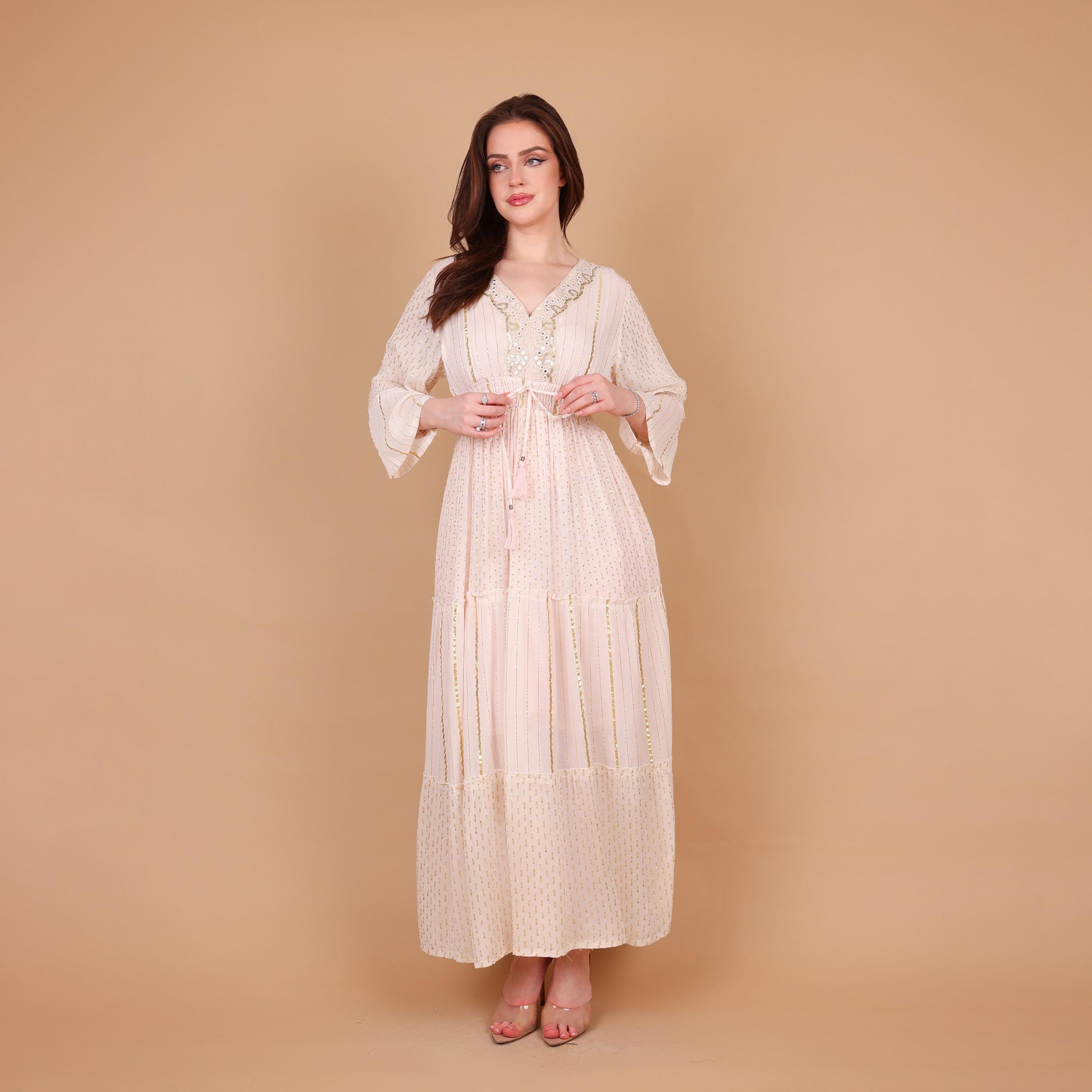 IKKXA Metallic Striped Bell Sleeves Women's Tiered Jalabiya-women-arabicclothing-jalabiyas-image-2