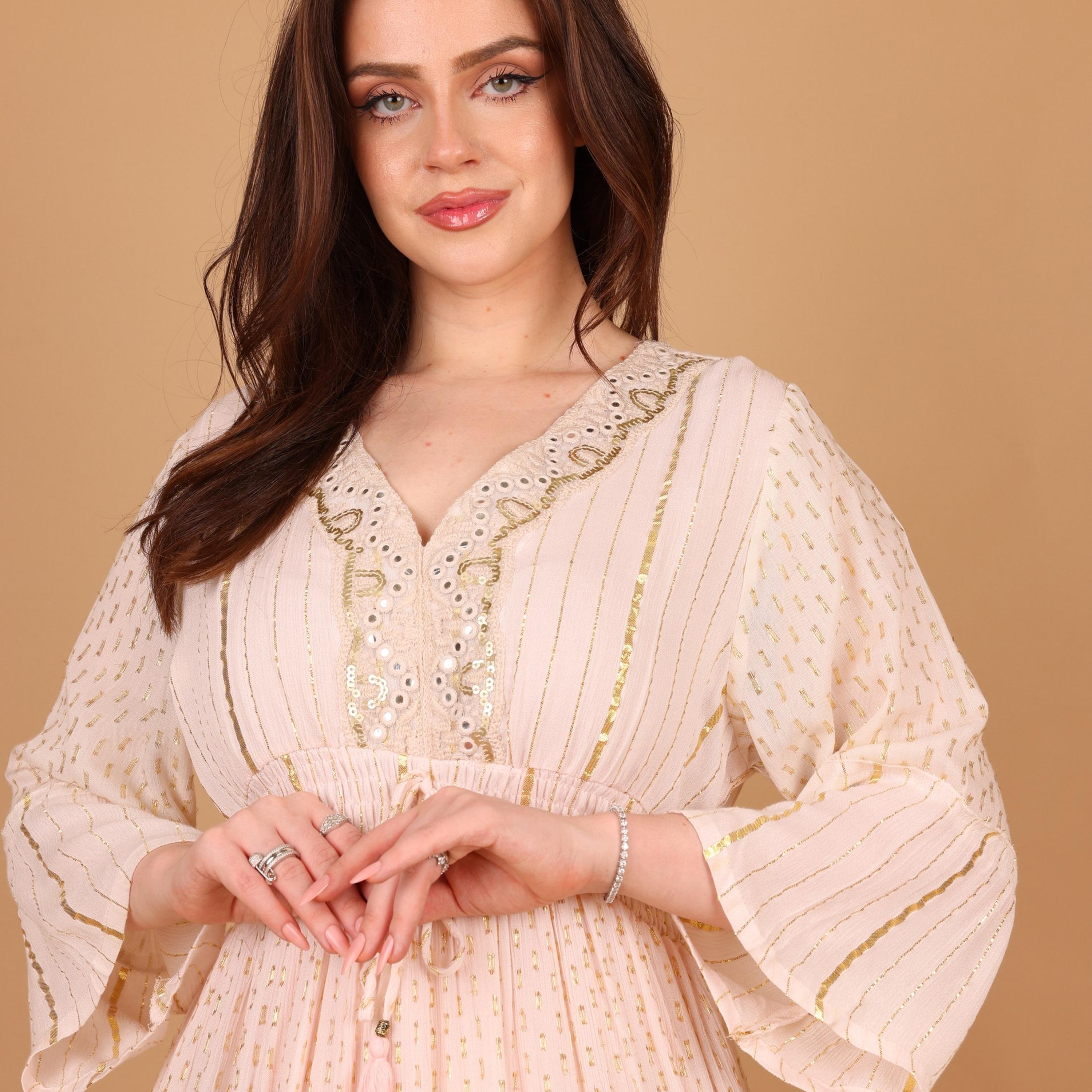 IKKXA Metallic Striped Bell Sleeves Women's Tiered Jalabiya-women-arabicclothing-jalabiyas-image-3