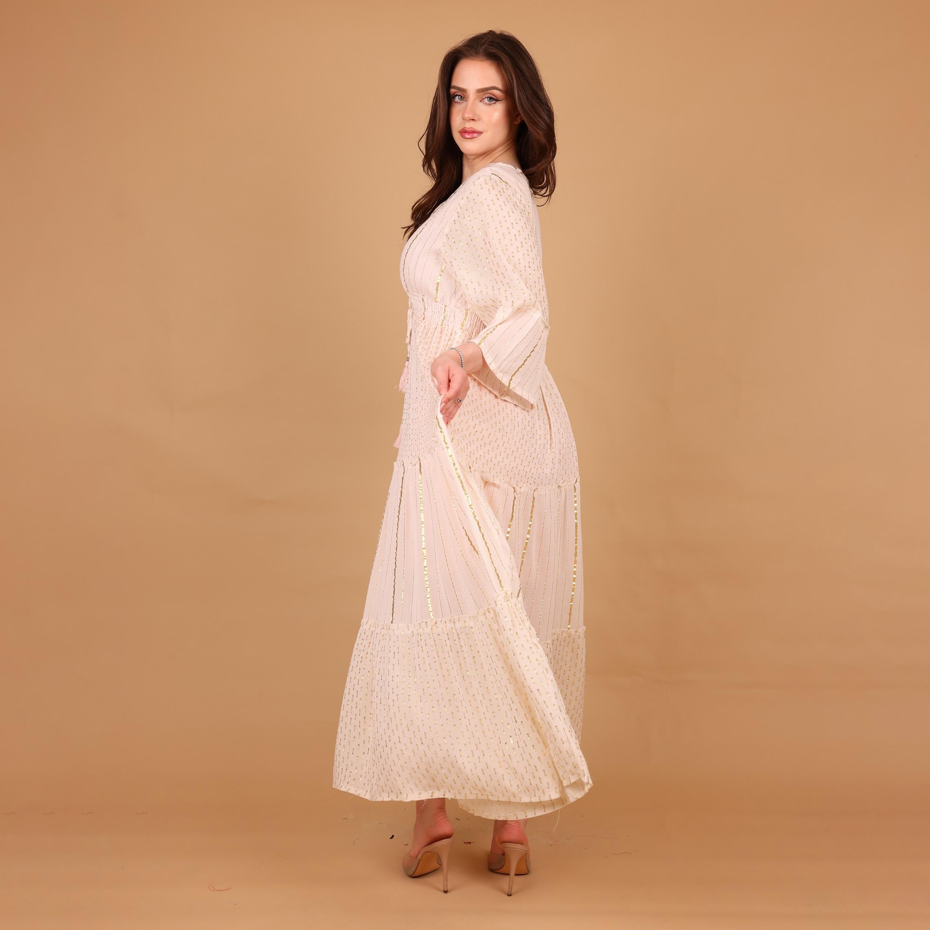 IKKXA Metallic Striped Bell Sleeves Women's Tiered Jalabiya-women-arabicclothing-jalabiyas-image-4