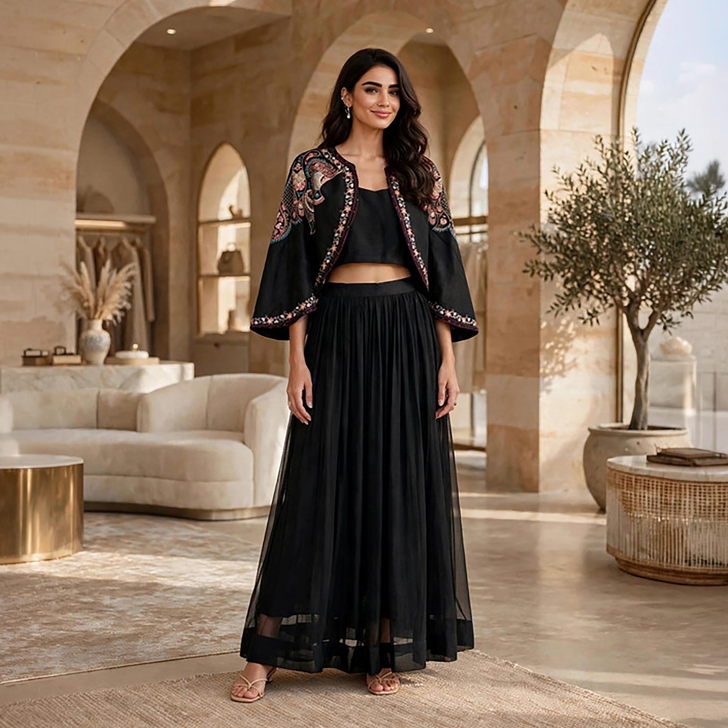 IKKXA 3-Piece Black Paisley Embroidered Women's Crop Top & Flared Skirt with Cape Jacket-women-arabicclothing-sets-image-1