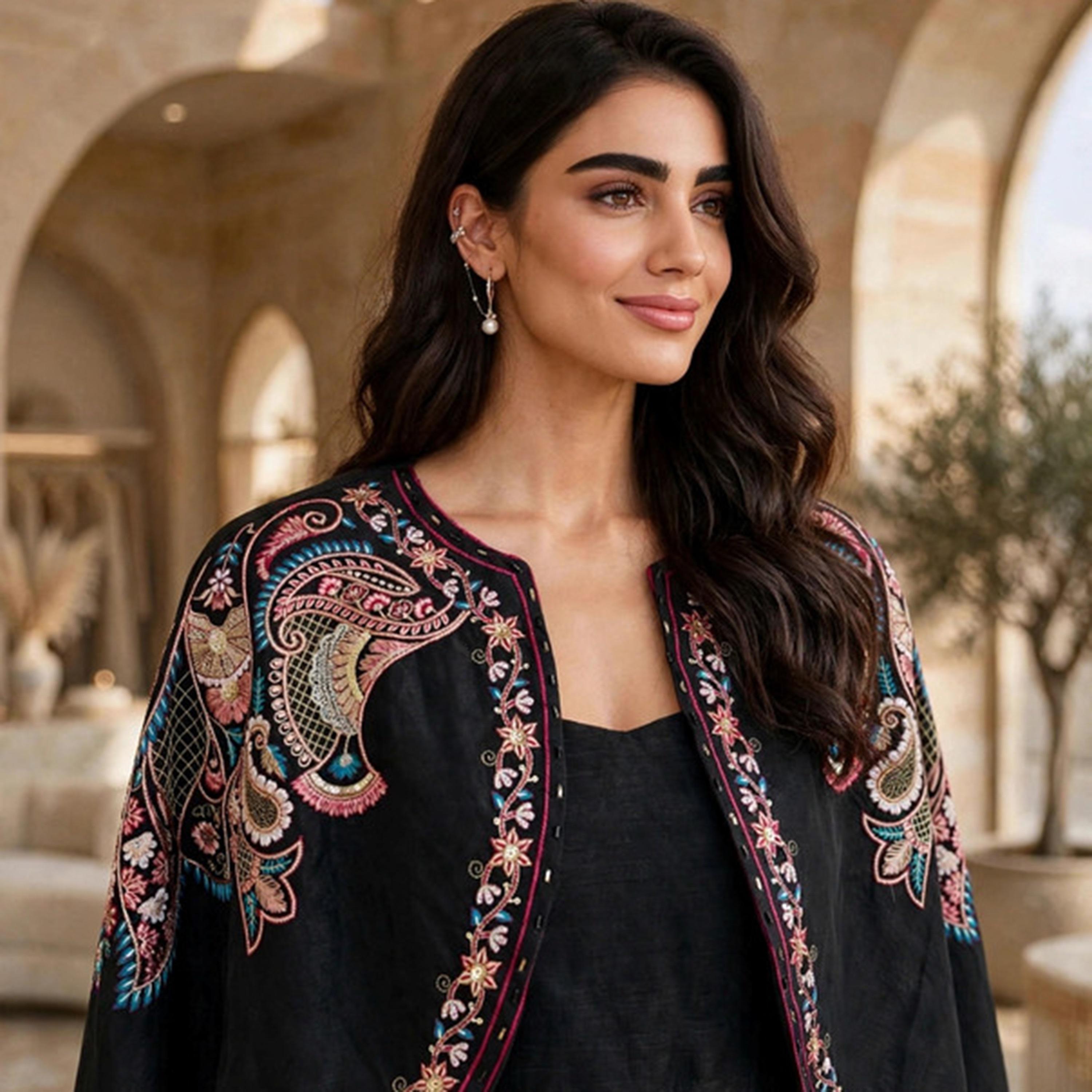 IKKXA 3-Piece Black Paisley Embroidered Women's Crop Top & Flared Skirt with Cape Jacket-women-arabicclothing-sets-image-2