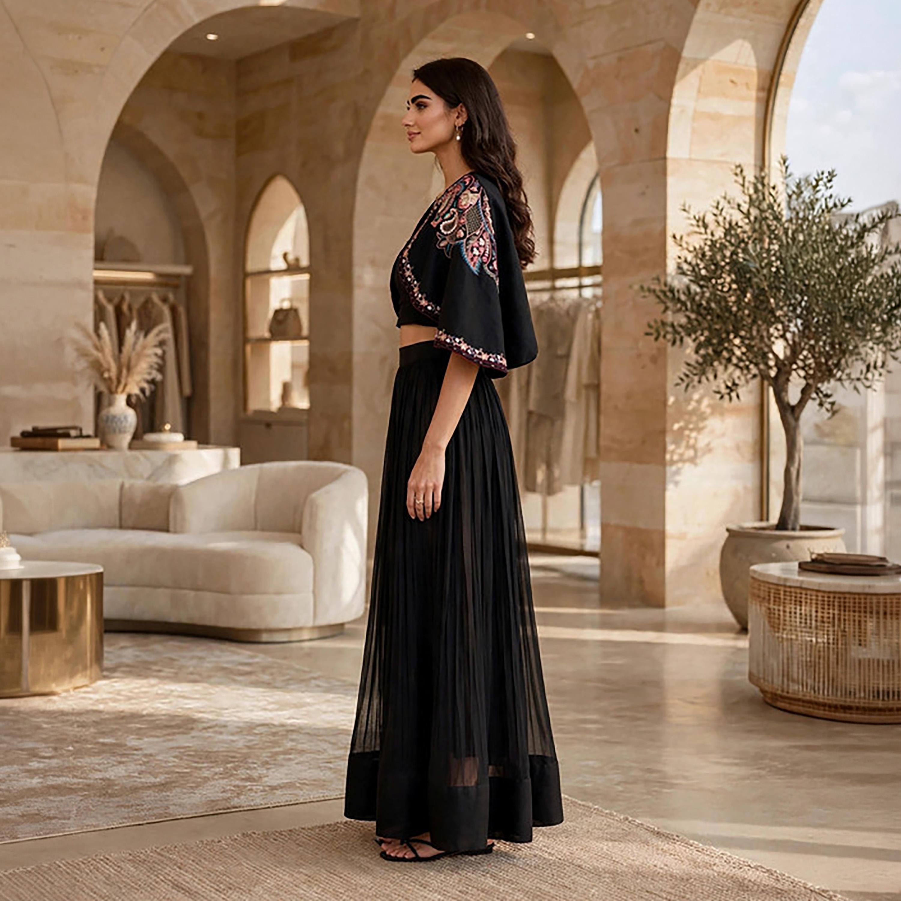 IKKXA 3-Piece Black Paisley Embroidered Women's Crop Top & Flared Skirt with Cape Jacket-women-arabicclothing-sets-image-3