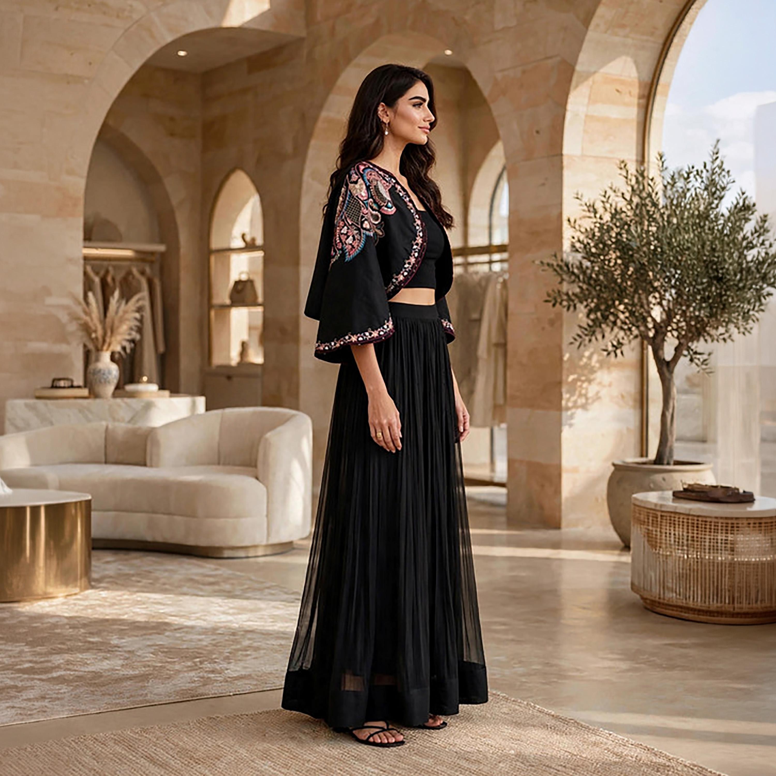IKKXA 3-Piece Black Paisley Embroidered Women's Crop Top & Flared Skirt with Cape Jacket-women-arabicclothing-sets-image-4
