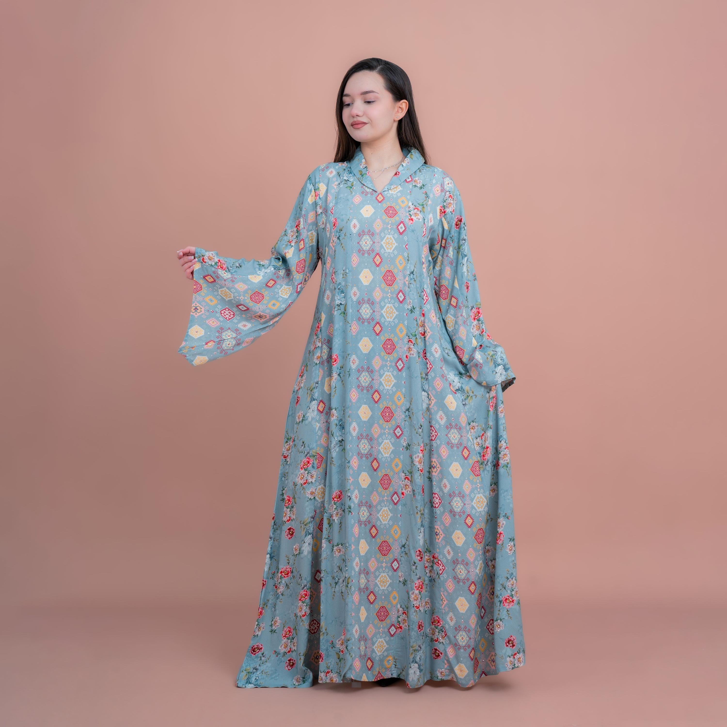 IKKXA Blue Flared Sleeves All Over Printed Women's Jalabiya-women-arabicclothing-jalabiyas-image-1