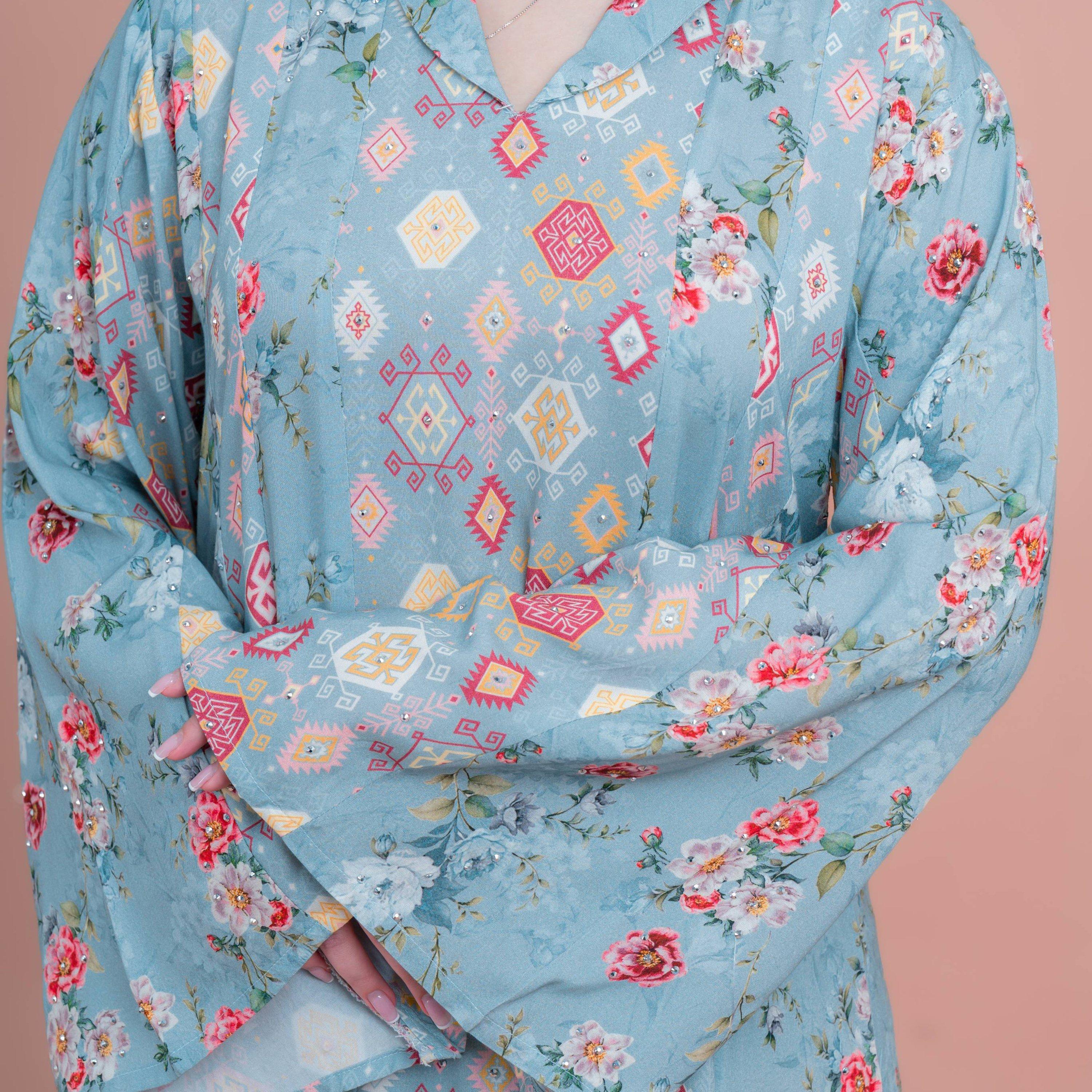 IKKXA Blue Flared Sleeves All Over Printed Women's Jalabiya-women-arabicclothing-jalabiyas-image-2