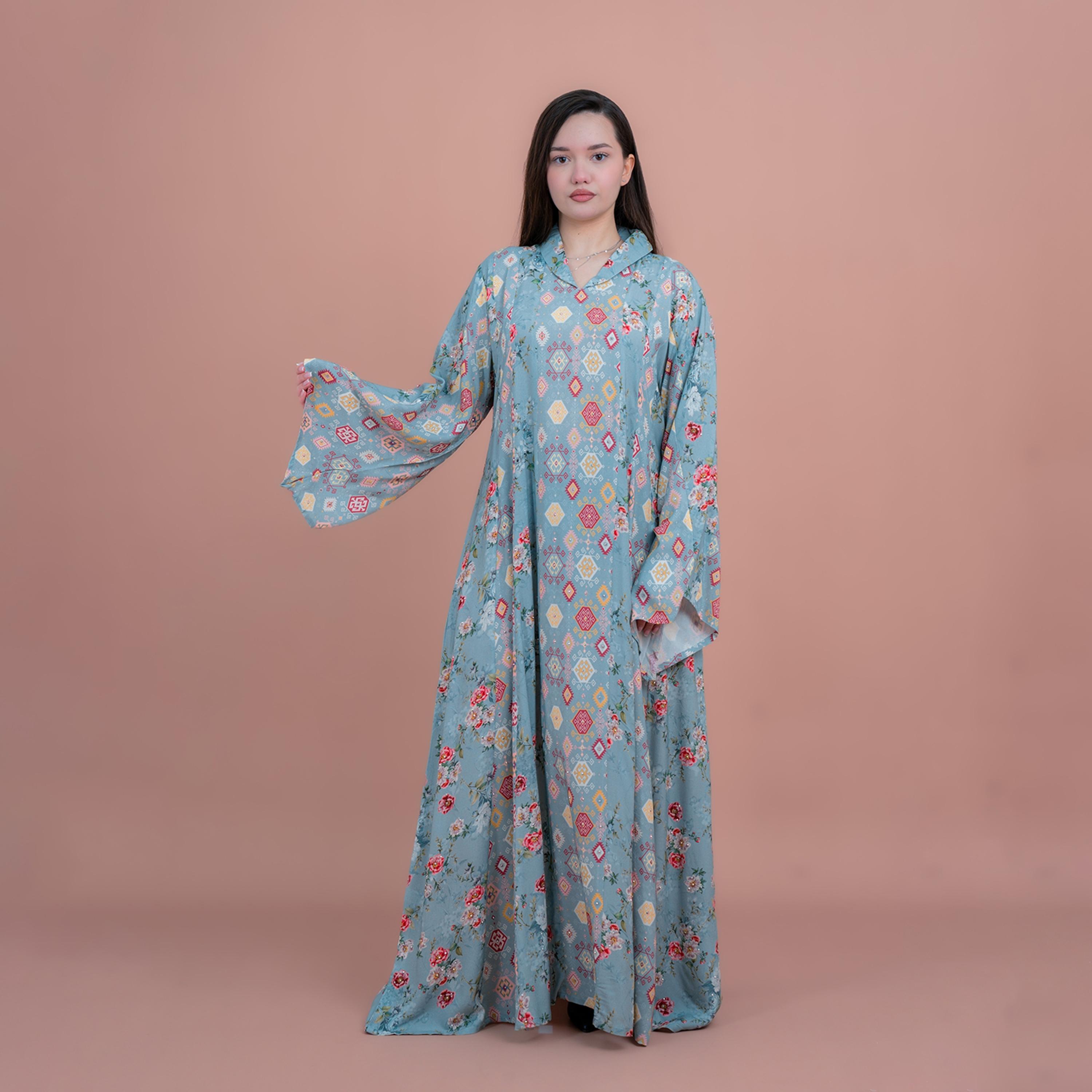 IKKXA Blue Flared Sleeves All Over Printed Women's Jalabiya-women-arabicclothing-jalabiyas-image-4