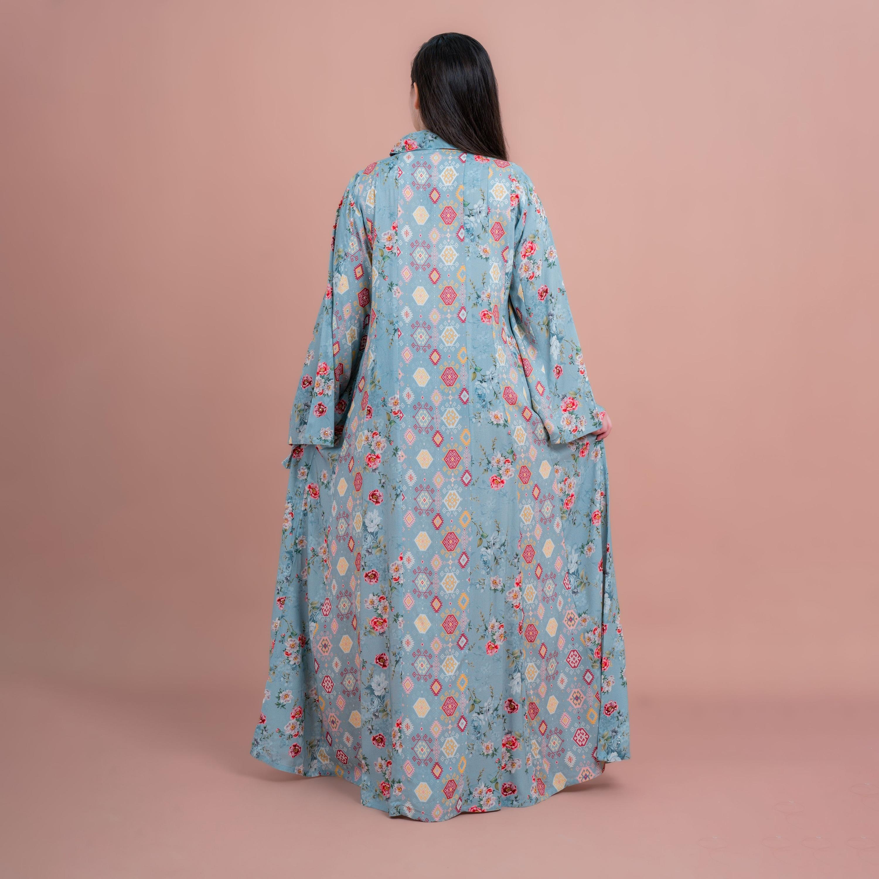 جلابية نسائية باللون الأزرق، بأكمام واسعة ومطبوعة بالكامل من إككسا-women-arabicclothing-jalabiyas-image-5