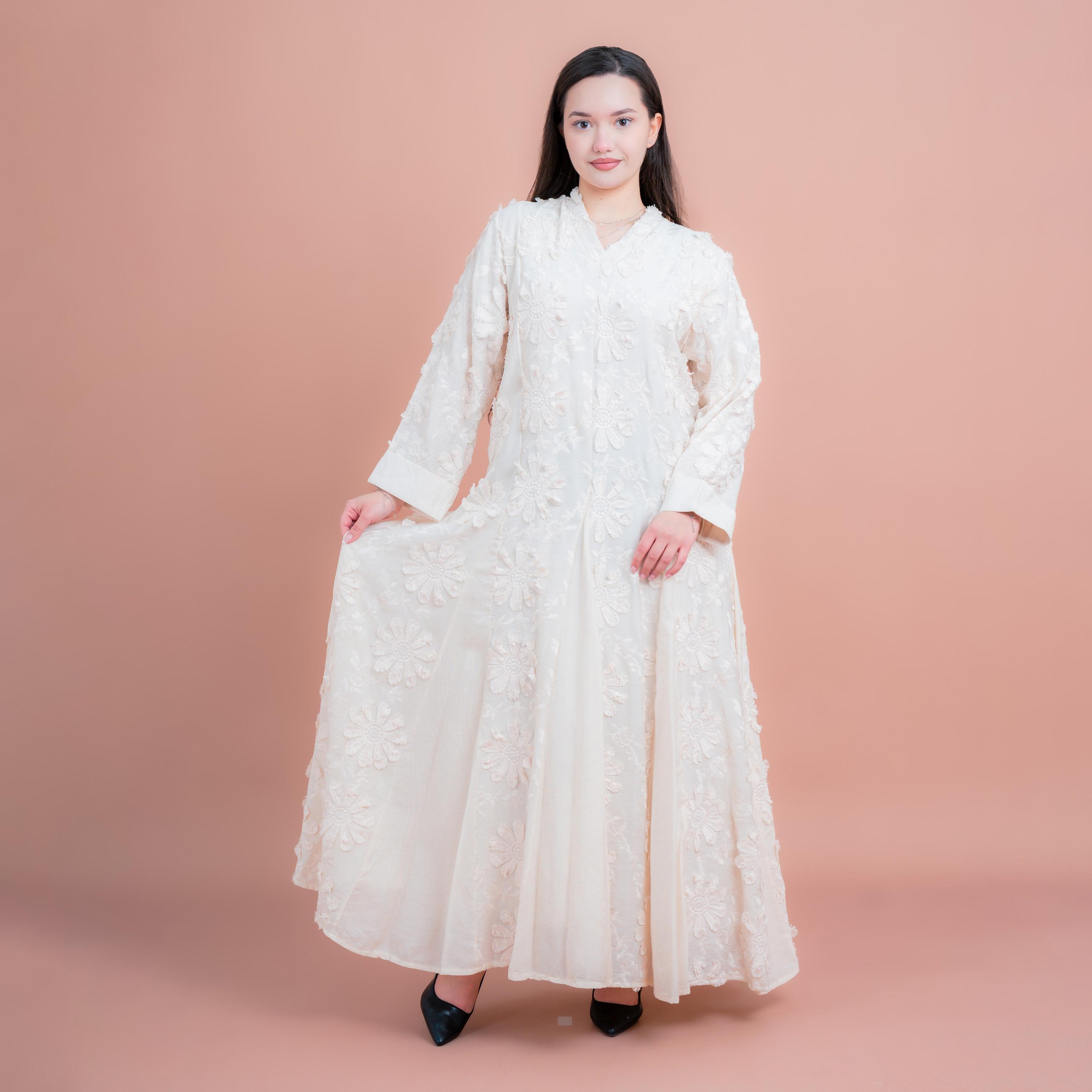 IKKXA Floral Embroidered with Godet Panels Women's Flared Jalabiya-women-arabicclothing-jalabiyas-image-1
