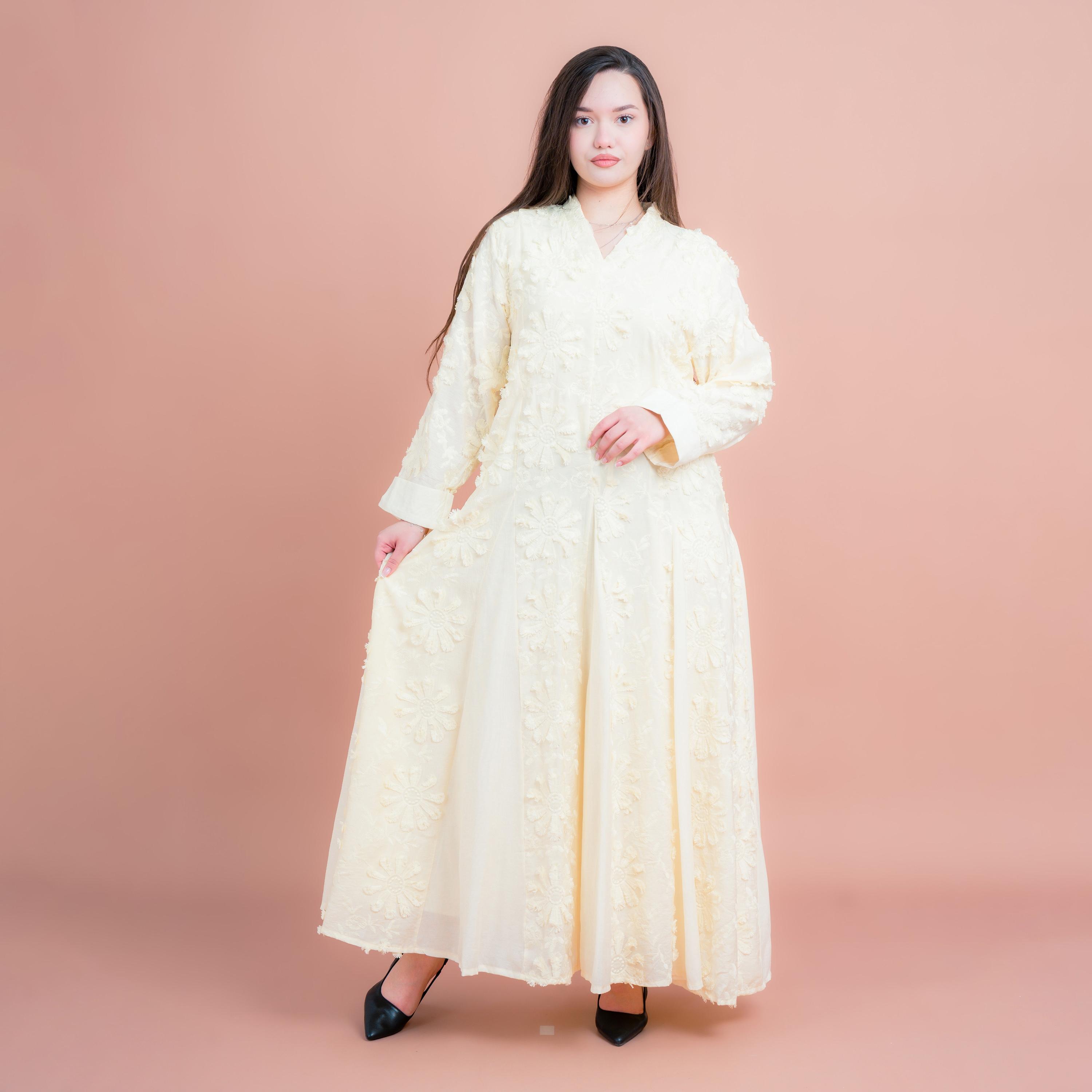 IKKXA Floral Embroidered with Godet Panels Women's Flared Jalabiya-women-arabicclothing-jalabiyas-image-1