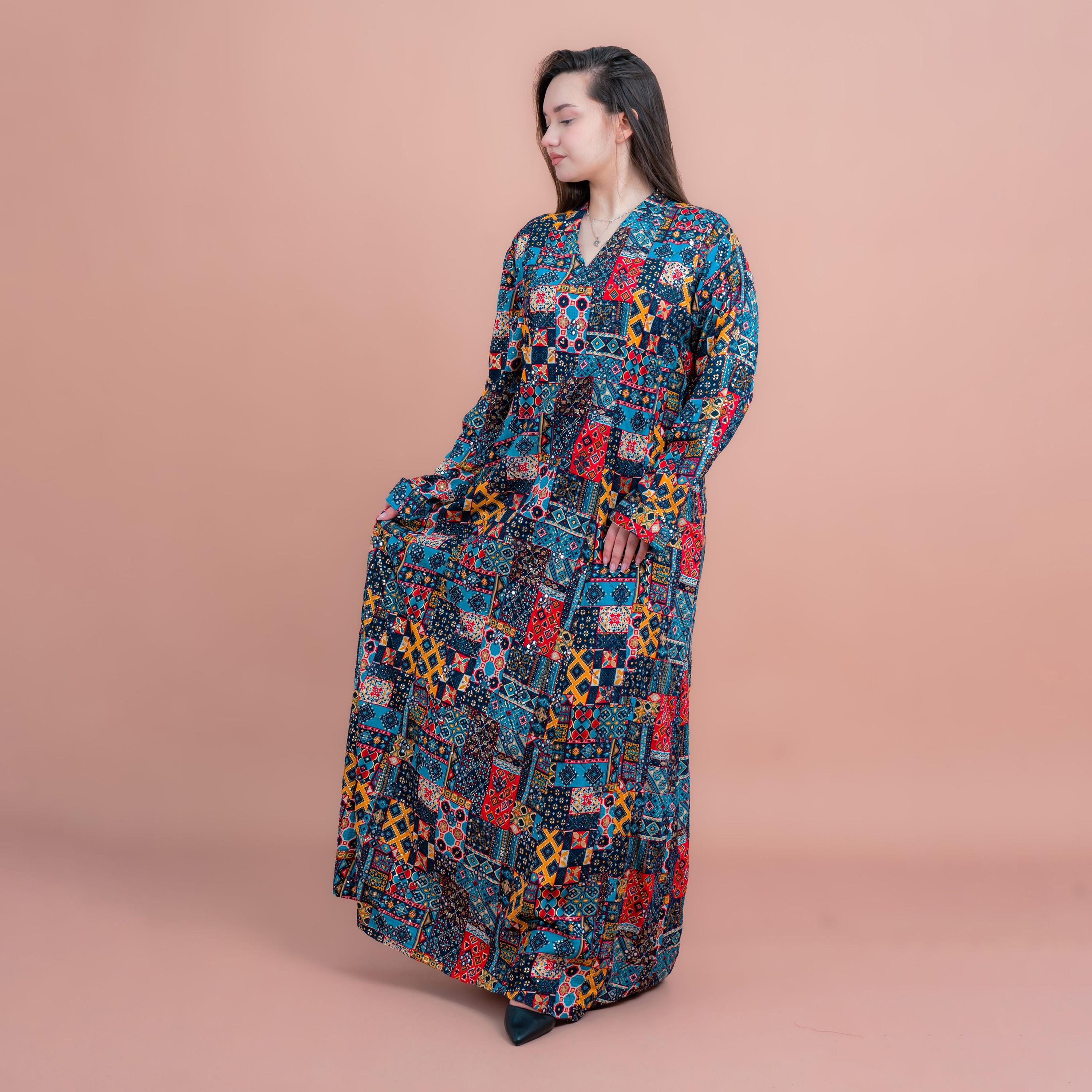 جلابية بطبعة هندسية تجريدية للنساء من اي كيه كيه اكس ايه-women-arabicclothing-jalabiyas-image-3