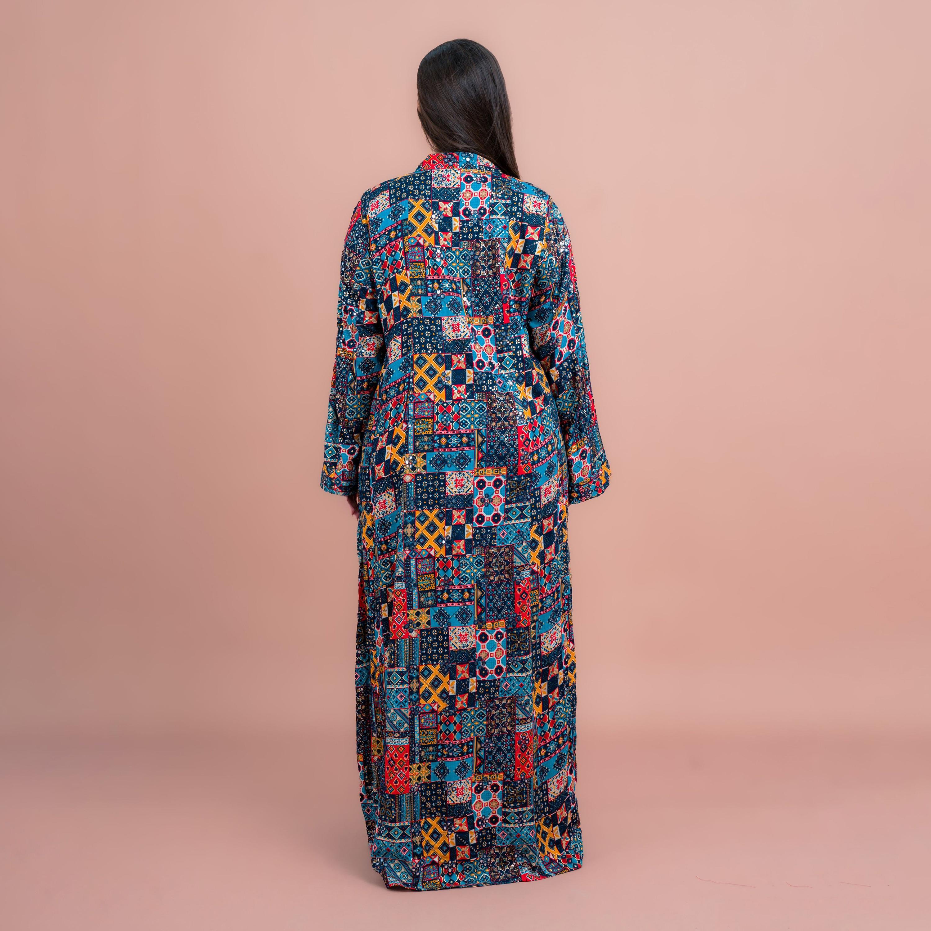 جلابية بطبعة هندسية تجريدية للنساء من اي كيه كيه اكس ايه-women-arabicclothing-jalabiyas-image-4