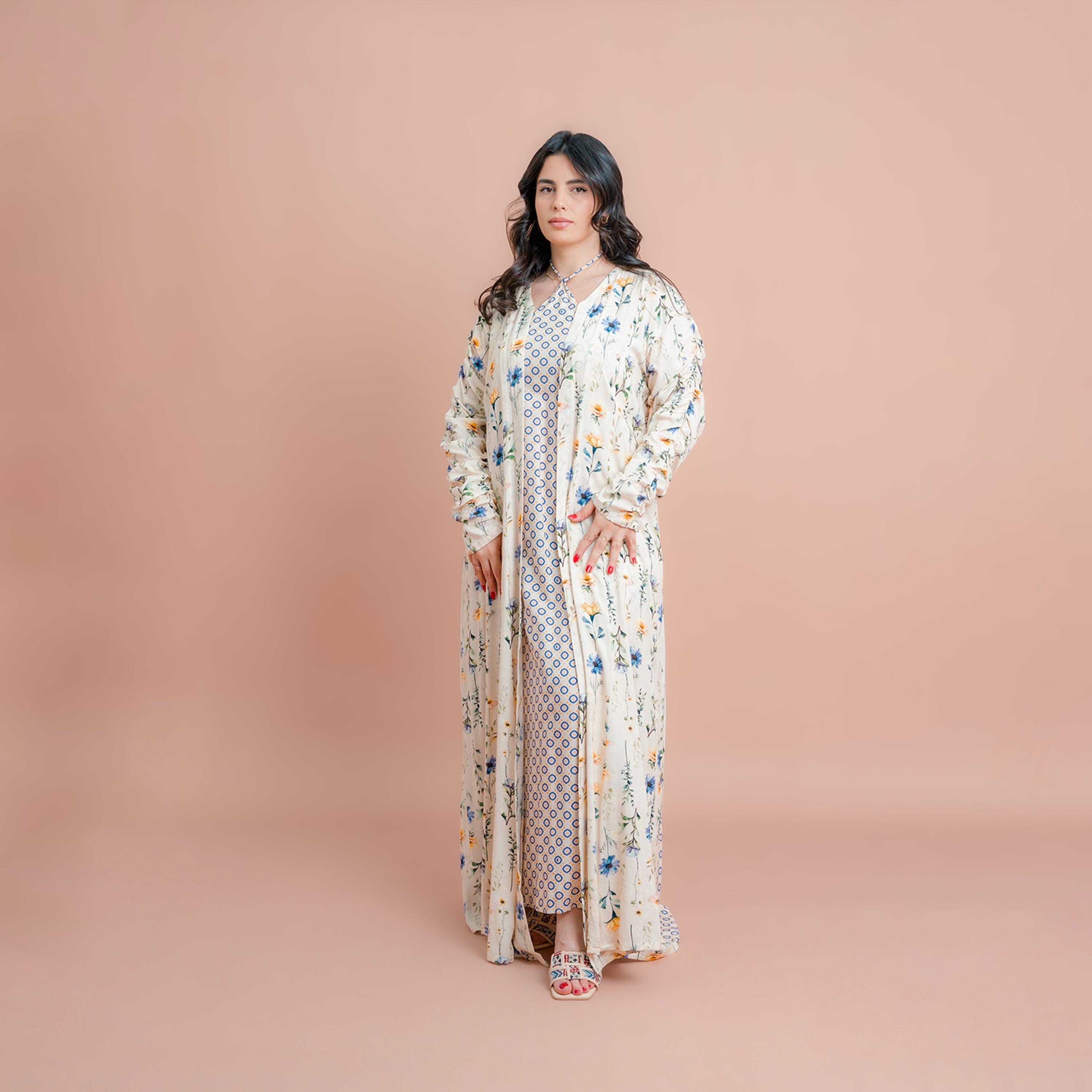 IKKXA Beige Printed Women's Inner Dress with Floral Overlay-women-arabicclothing-jalabiyas-image-1