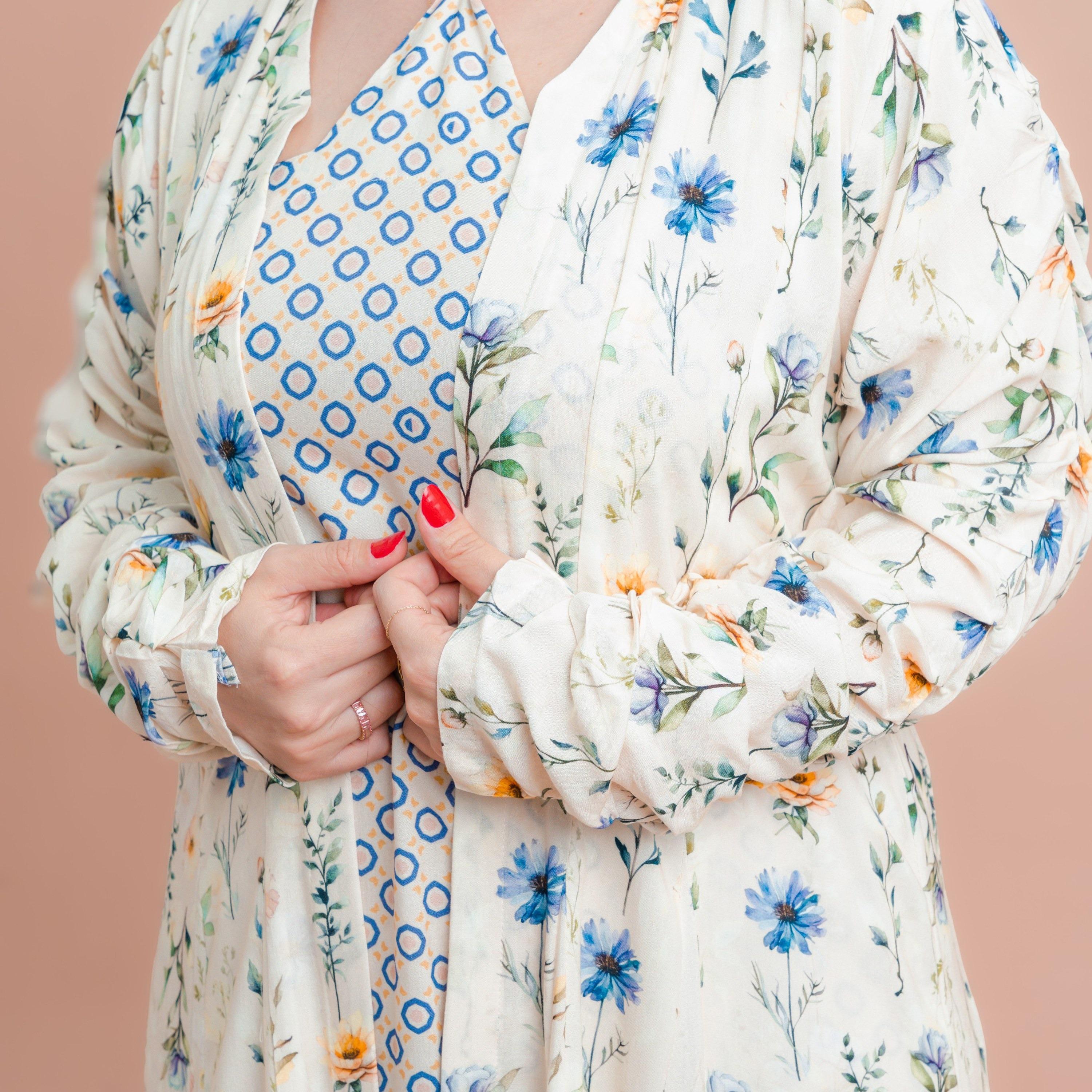 IKKXA Beige Printed Women's Inner Dress with Floral Overlay-women-arabicclothing-jalabiyas-image-2
