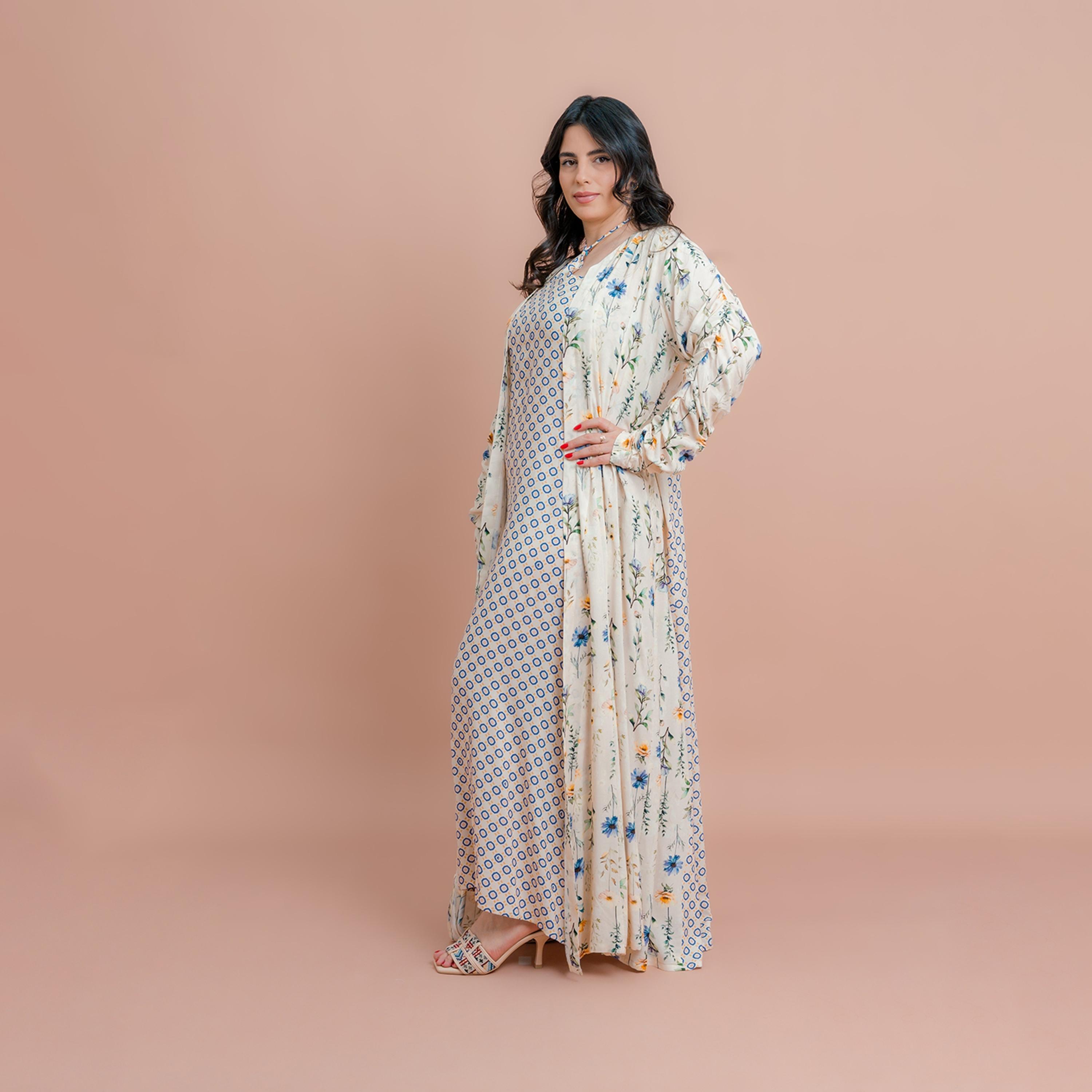 IKKXA Beige Printed Women's Inner Dress with Floral Overlay-women-arabicclothing-jalabiyas-image-3