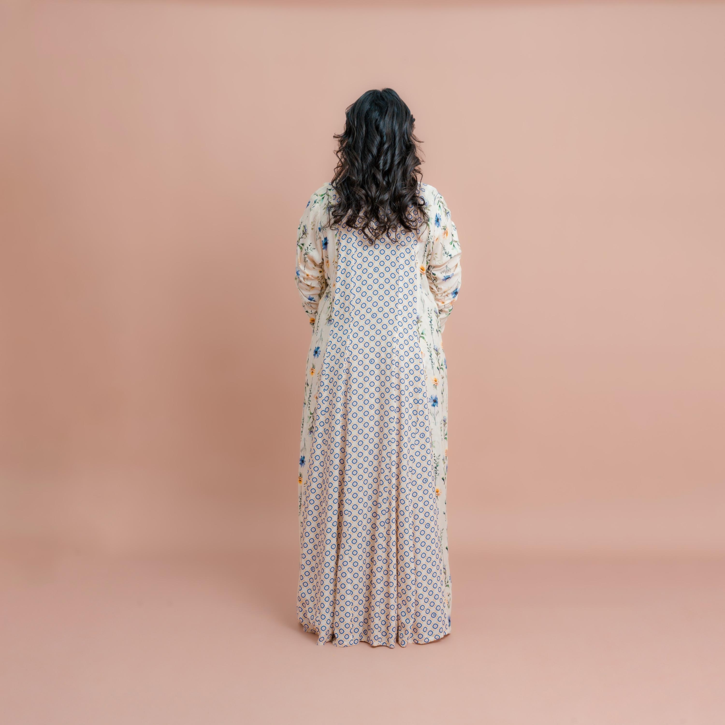 IKKXA Beige Printed Women's Inner Dress with Floral Overlay-women-arabicclothing-jalabiyas-image-4