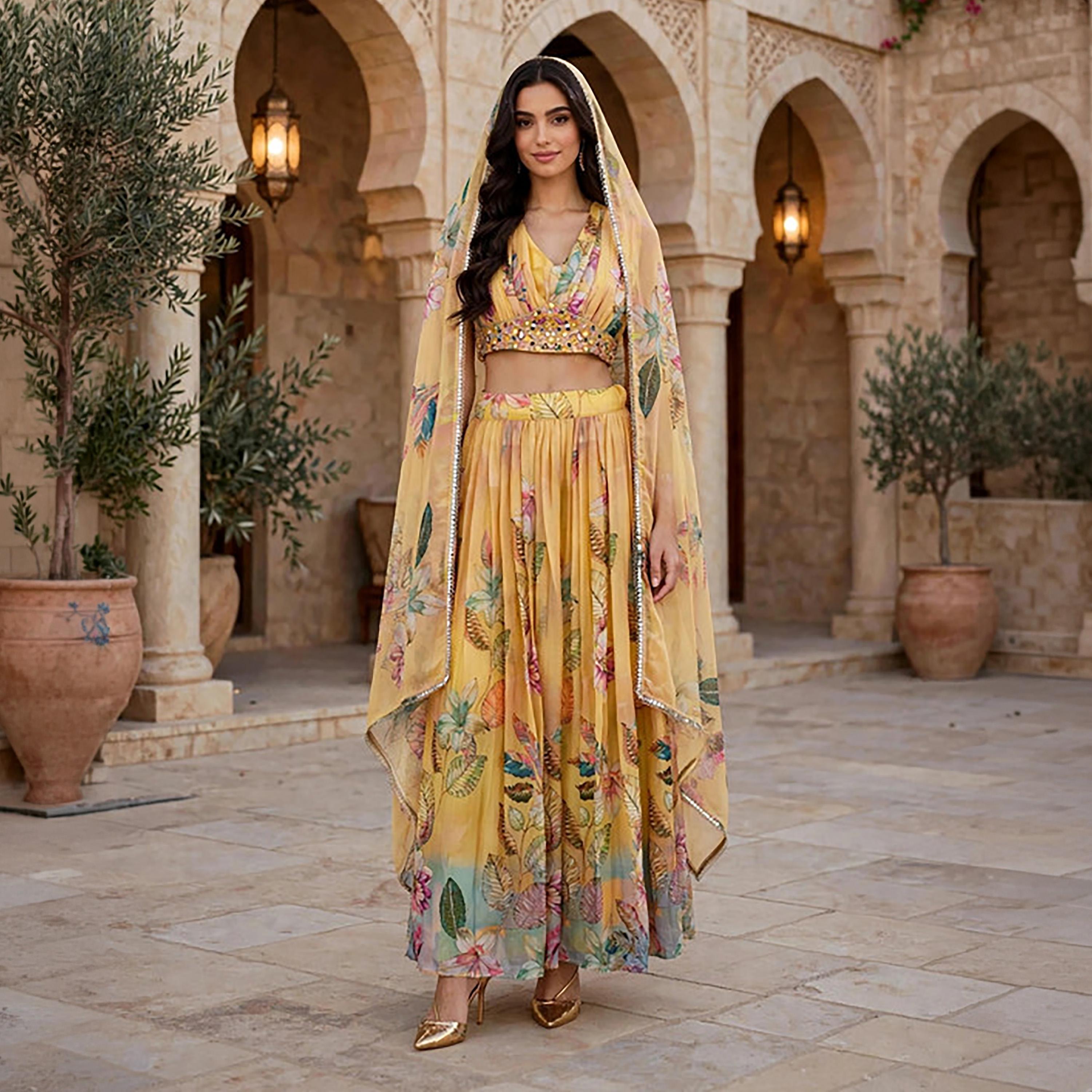 IKKXA 2-Piece Yellow Tropical Print Women's Crop Top & Flared Skirt Set with Dupatta-women-arabicclothing-sets-image-1