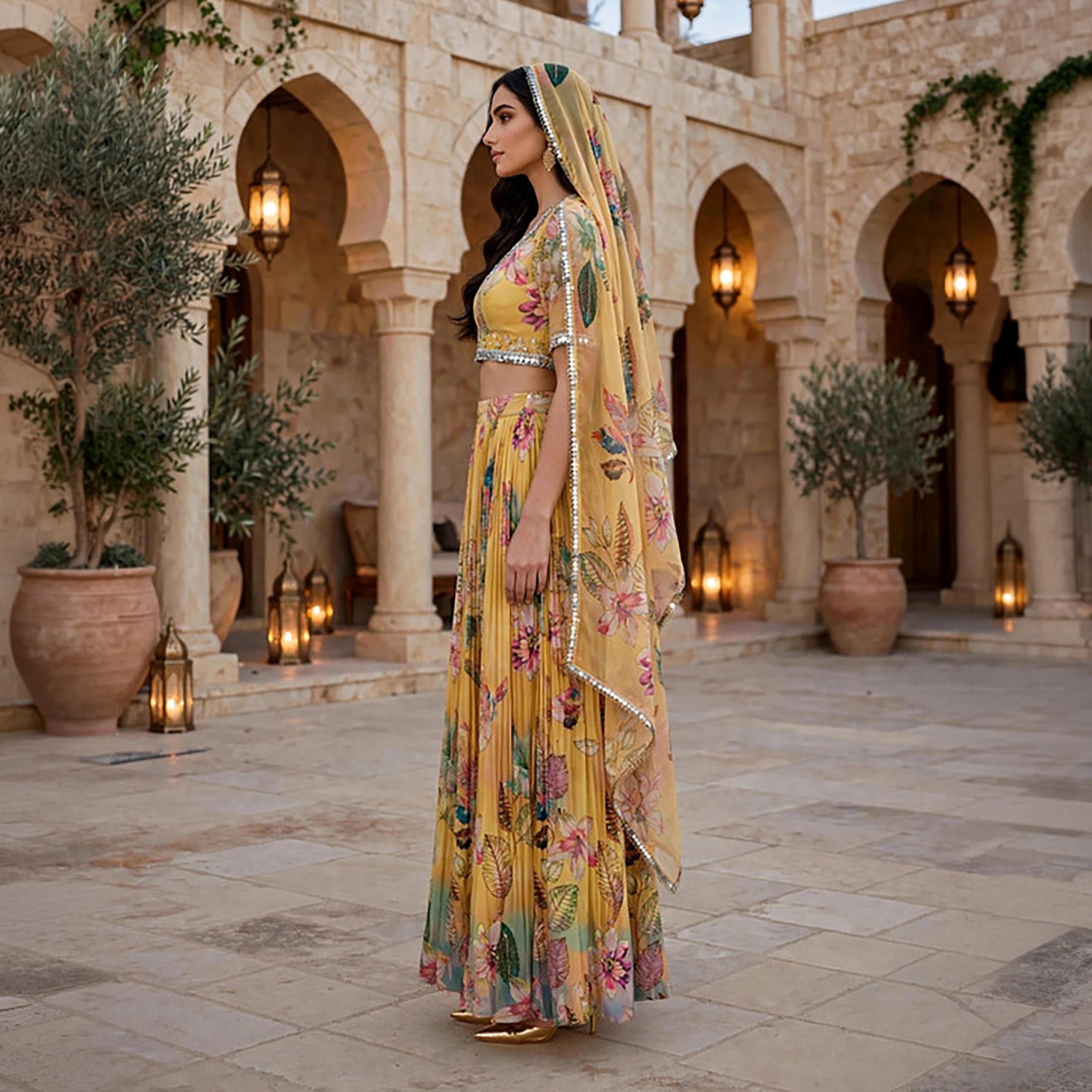 IKKXA 2-Piece Yellow Tropical Print Women's Crop Top & Flared Skirt Set with Dupatta-women-arabicclothing-sets-image-3