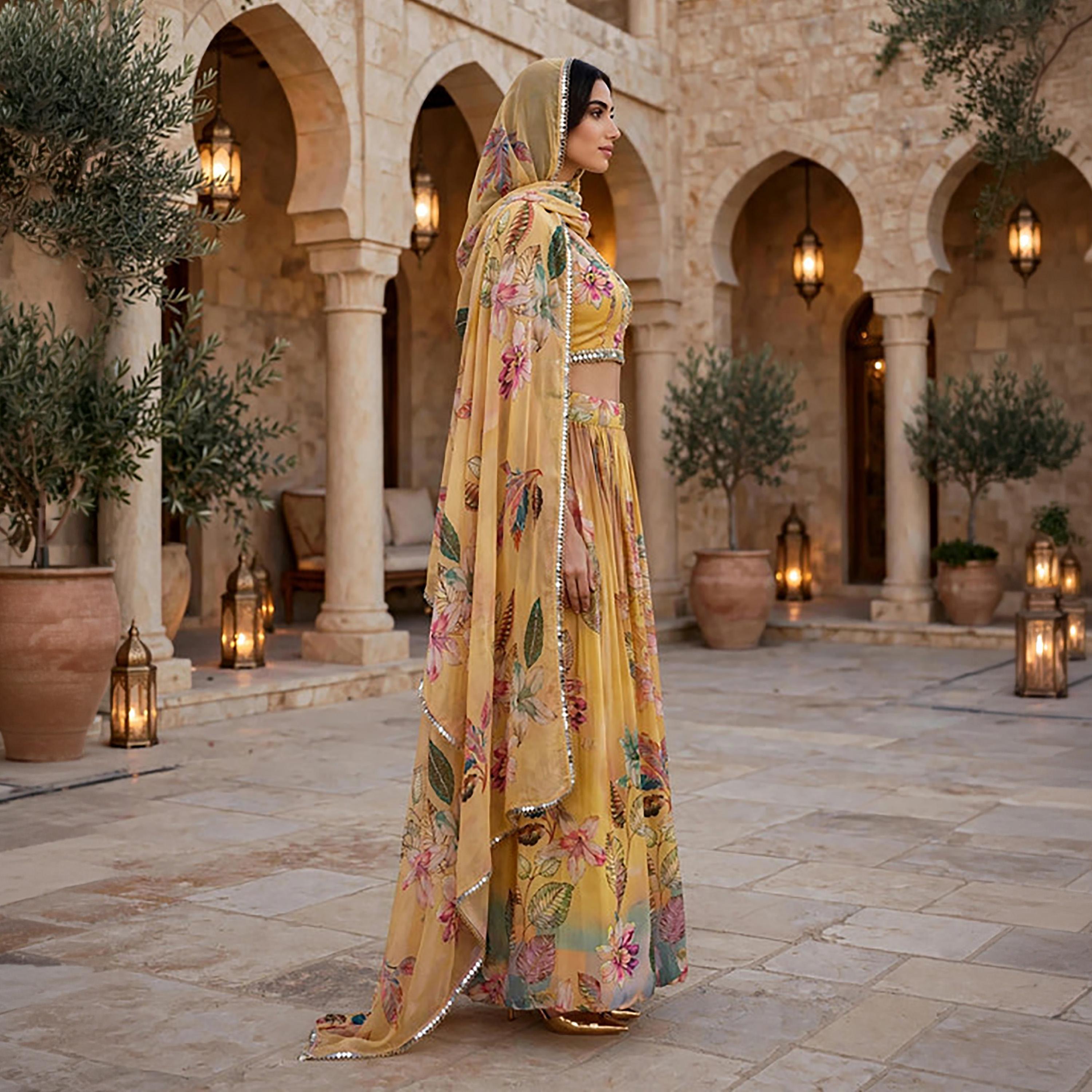 IKKXA 2-Piece Yellow Tropical Print Women's Crop Top & Flared Skirt Set with Dupatta-women-arabicclothing-sets-image-4