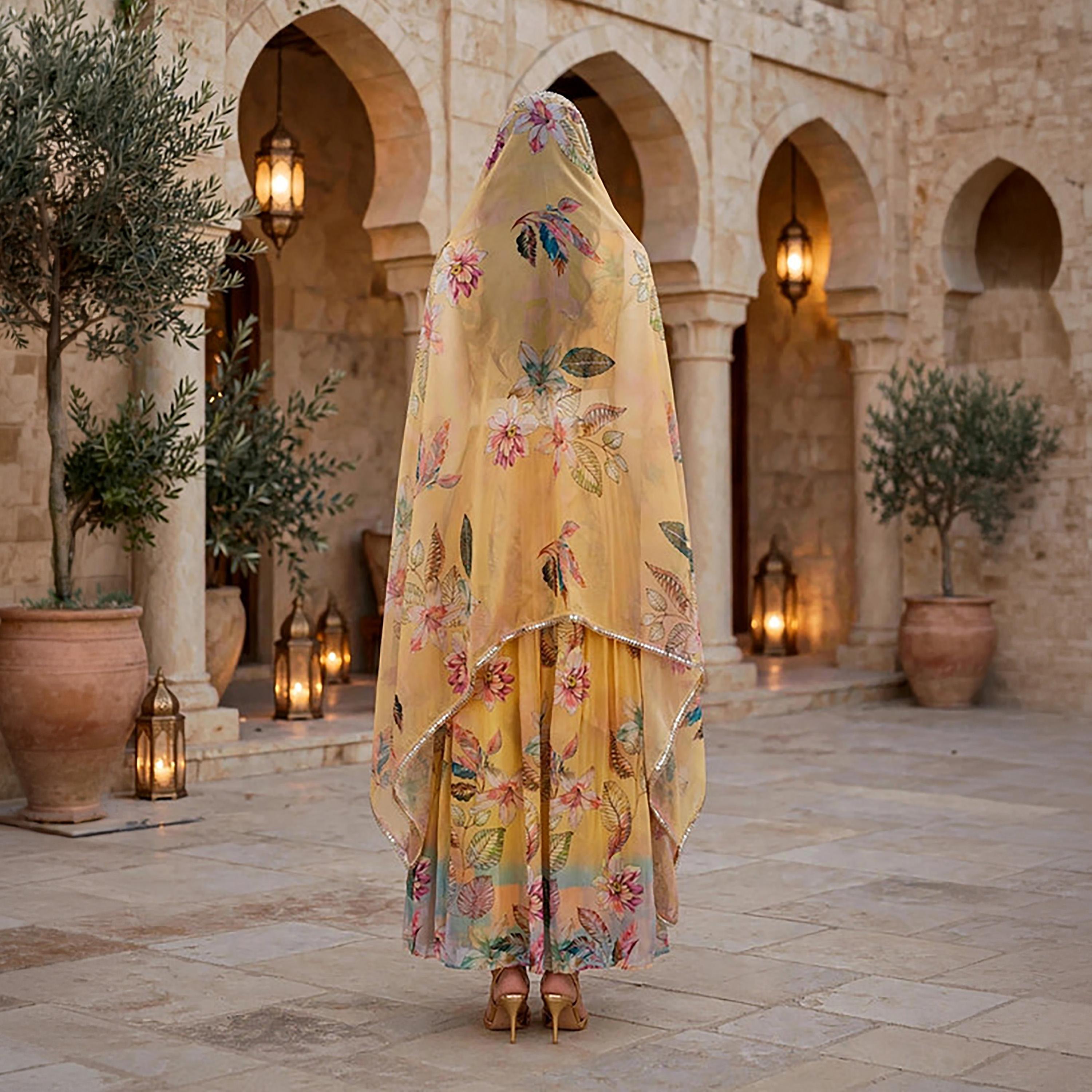 IKKXA 2-Piece Yellow Tropical Print Women's Crop Top & Flared Skirt Set with Dupatta-women-arabicclothing-sets-image-5