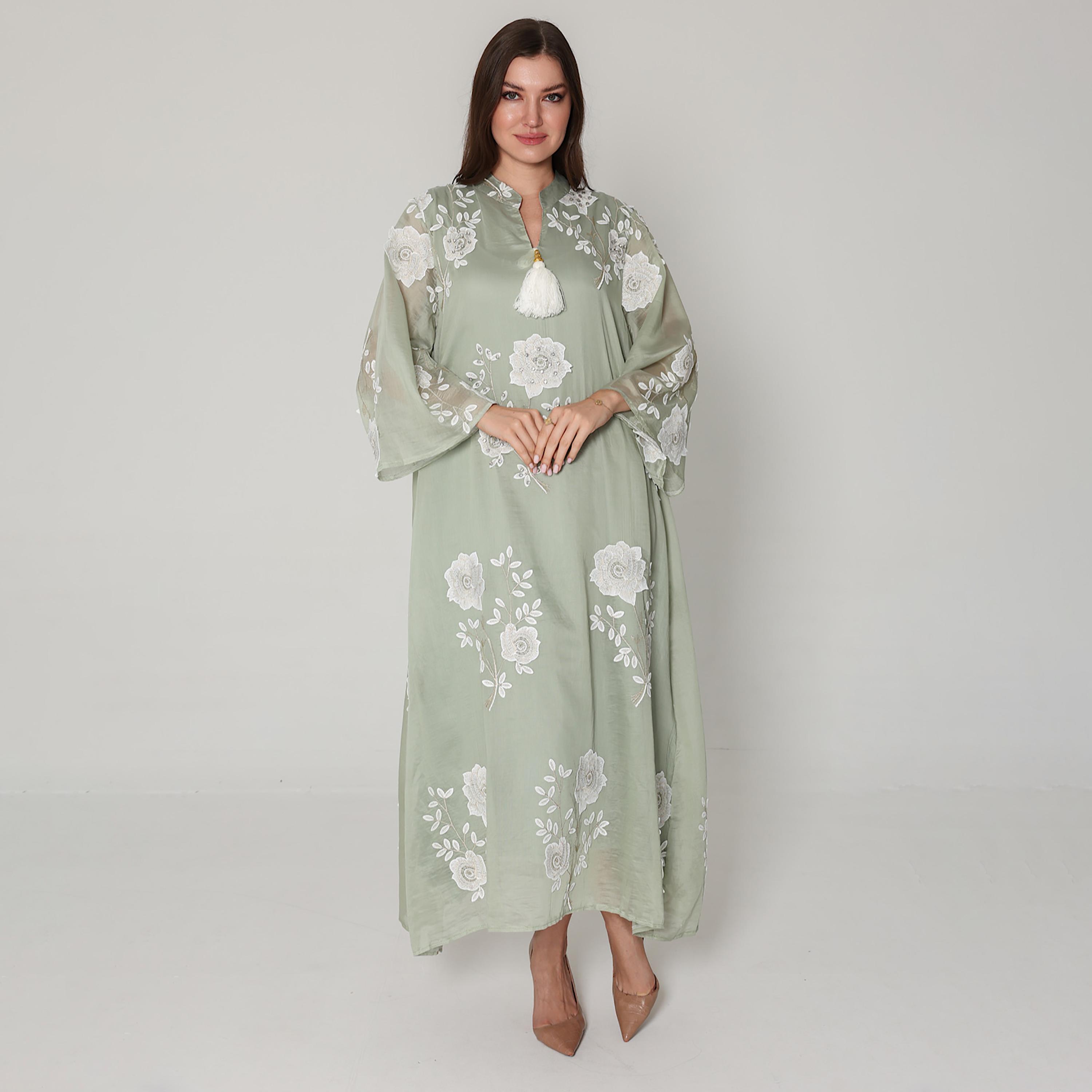 IKKXA Floral Embroidered with Rhinestone Mandarin Collar Flared Sleeves Women's Jalabiya-women-arabicclothing-jalabiyas-image-1