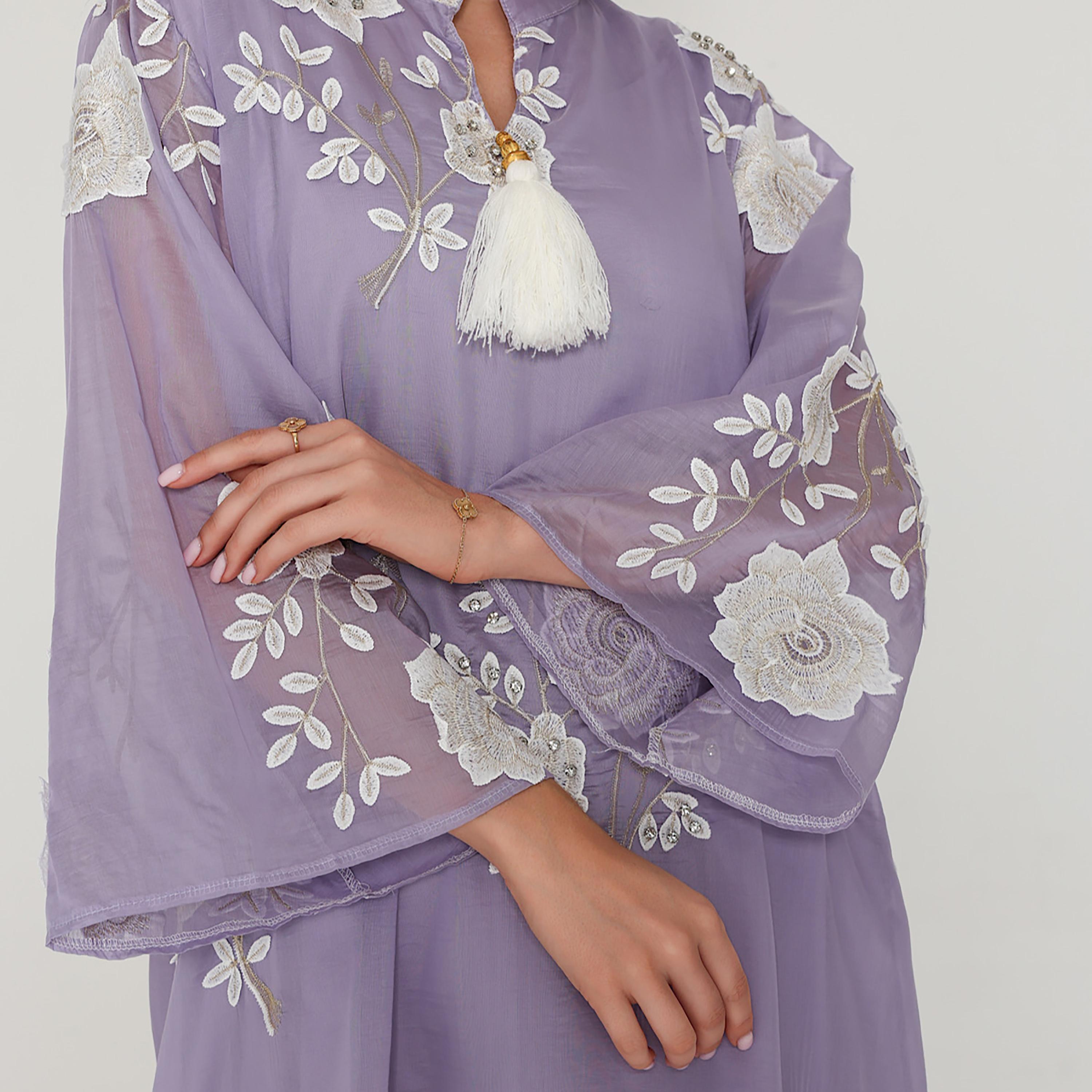 IKKXA Floral Embroidered with Rhinestone Mandarin Collar Flared Sleeves Women's Jalabiya-women-arabicclothing-jalabiyas-image-10