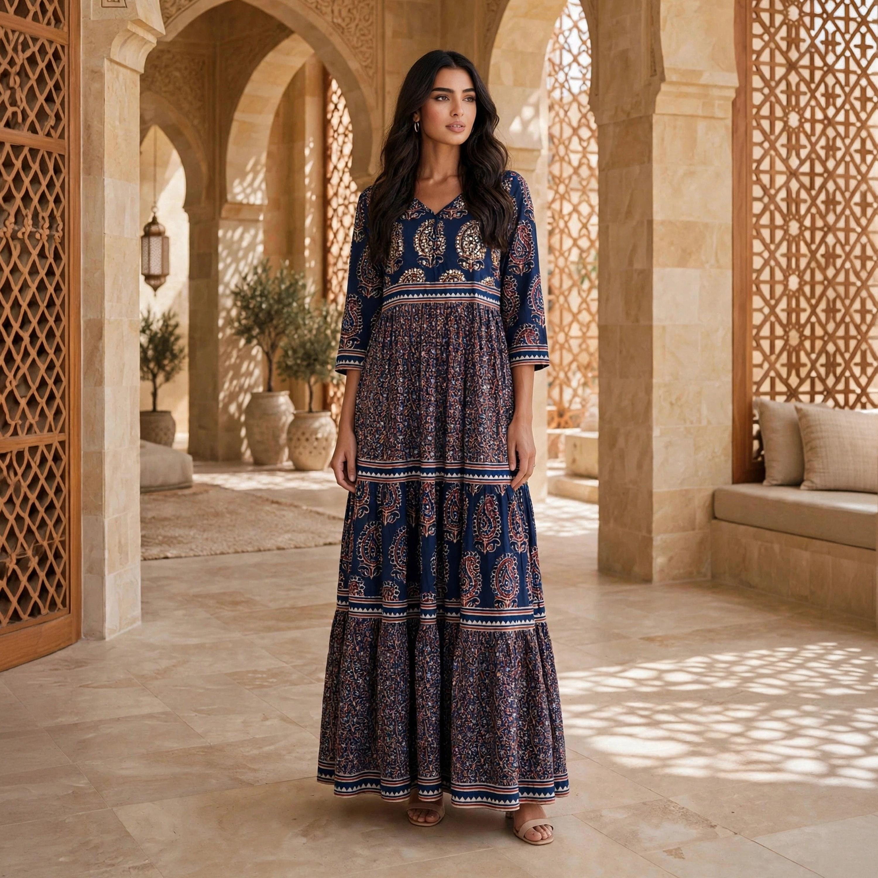 جلابية حريمي بطبقات بطبعة بيزلي إثنية من إيكسا-women-arabicclothing-jalabiyas-image-1