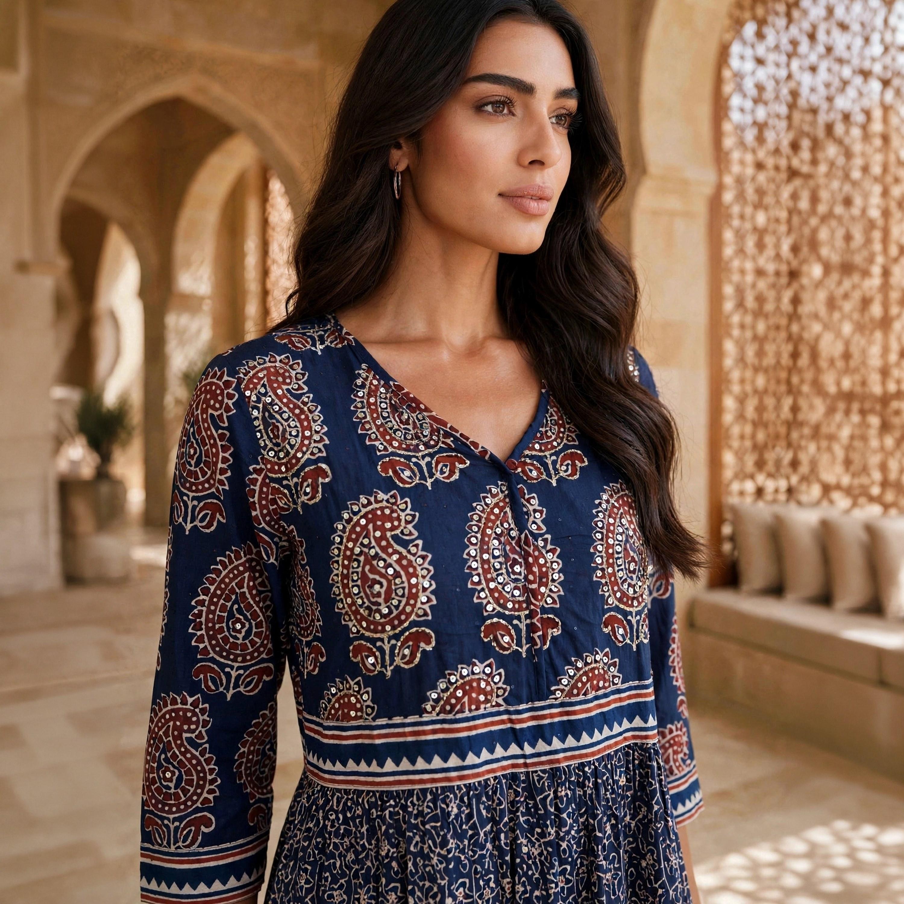 جلابية حريمي بطبقات بطبعة بيزلي إثنية من إيكسا-women-arabicclothing-jalabiyas-image-2