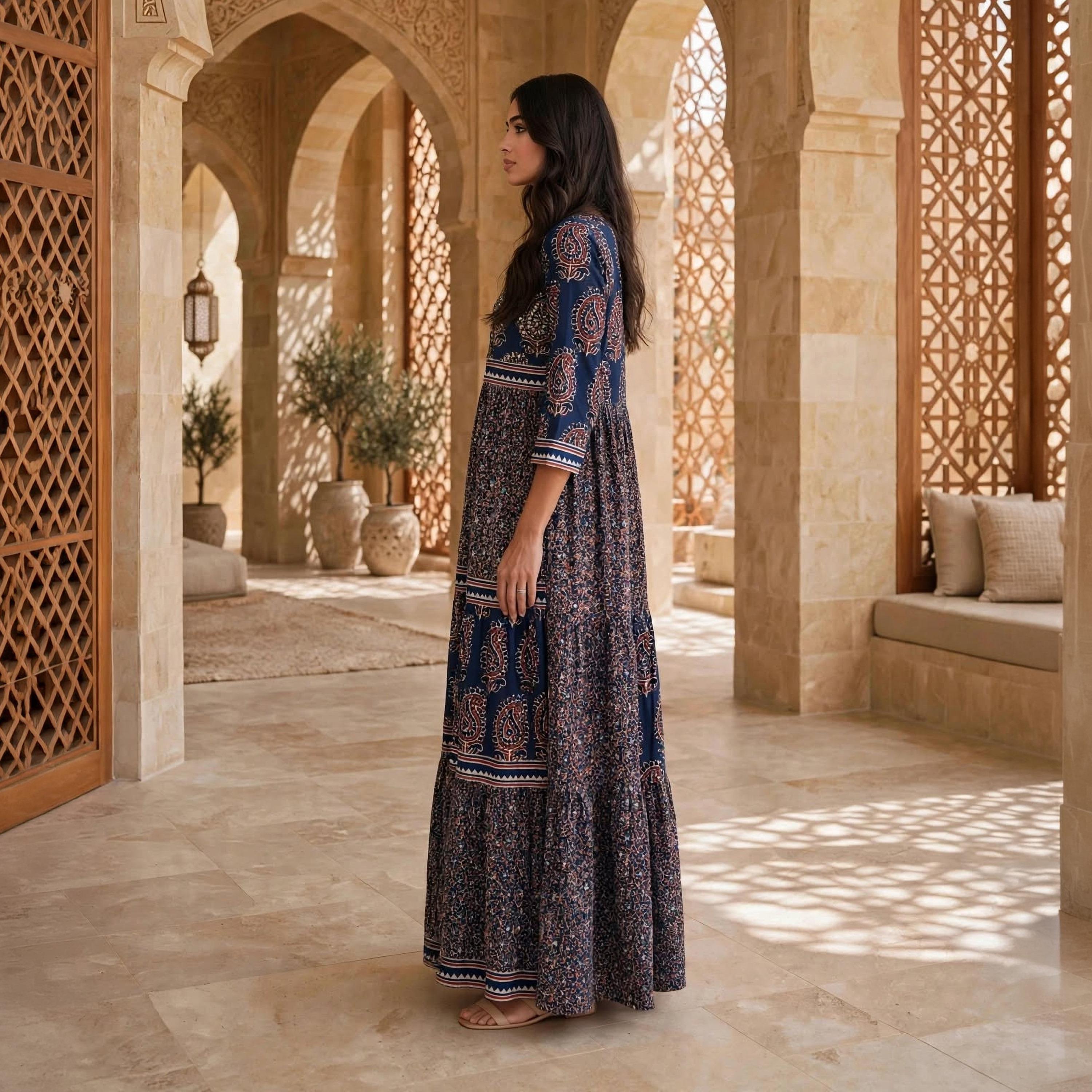 جلابية حريمي بطبقات بطبعة بيزلي إثنية من إيكسا-women-arabicclothing-jalabiyas-image-3