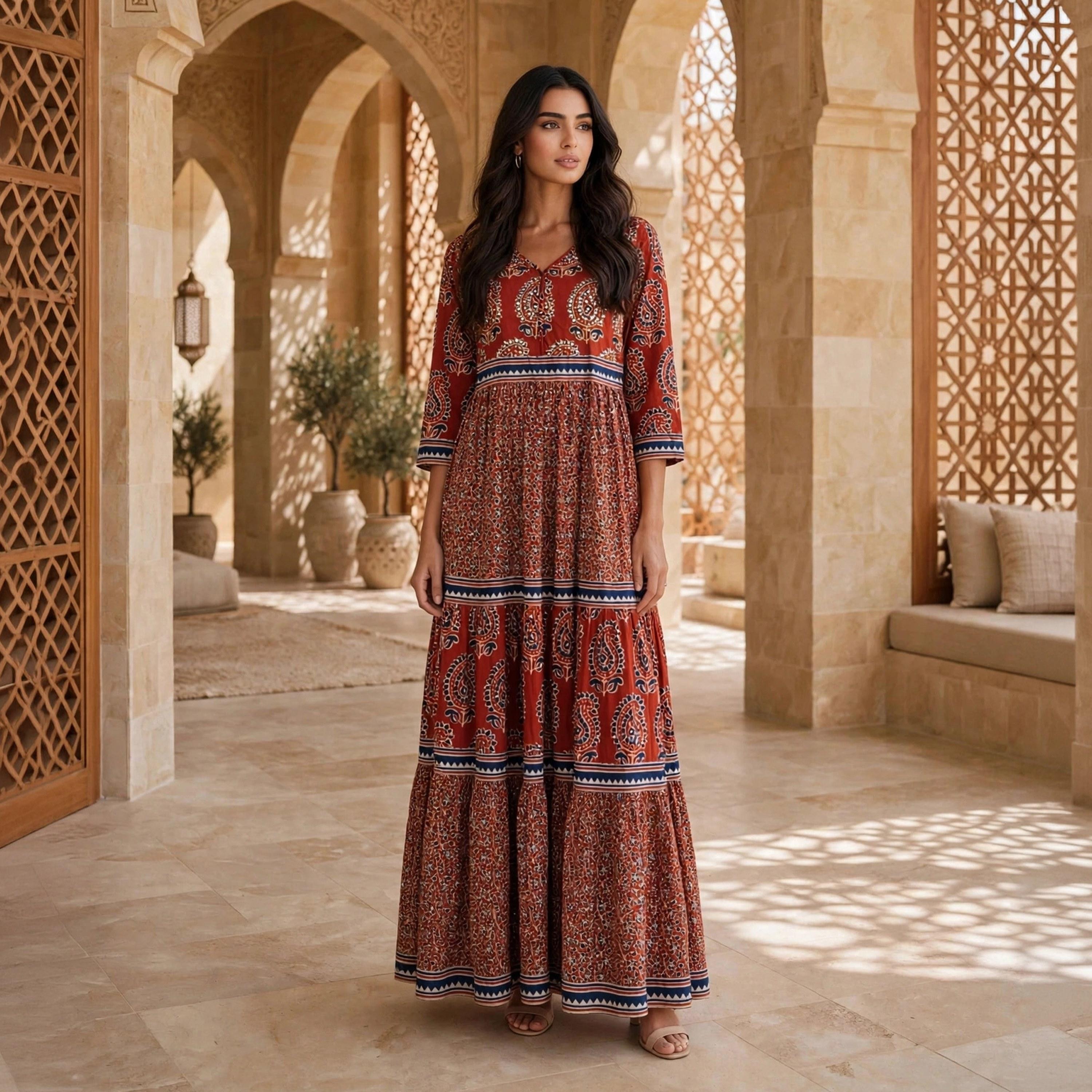 IKKXA Ethnic Paisley Women's Tiered Jalabiya-women-arabicclothing-jalabiyas-image-1