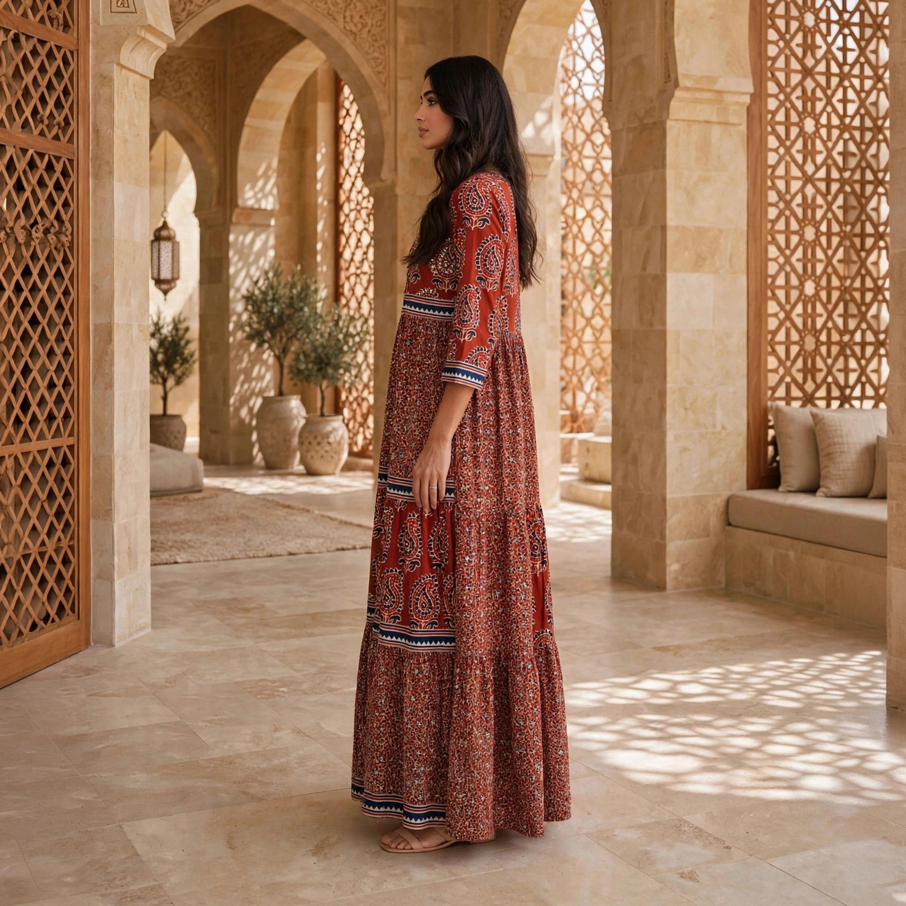 جلابية حريمي بطبقات بطبعة بيزلي إثنية من إيكسا-women-arabicclothing-jalabiyas-image-8