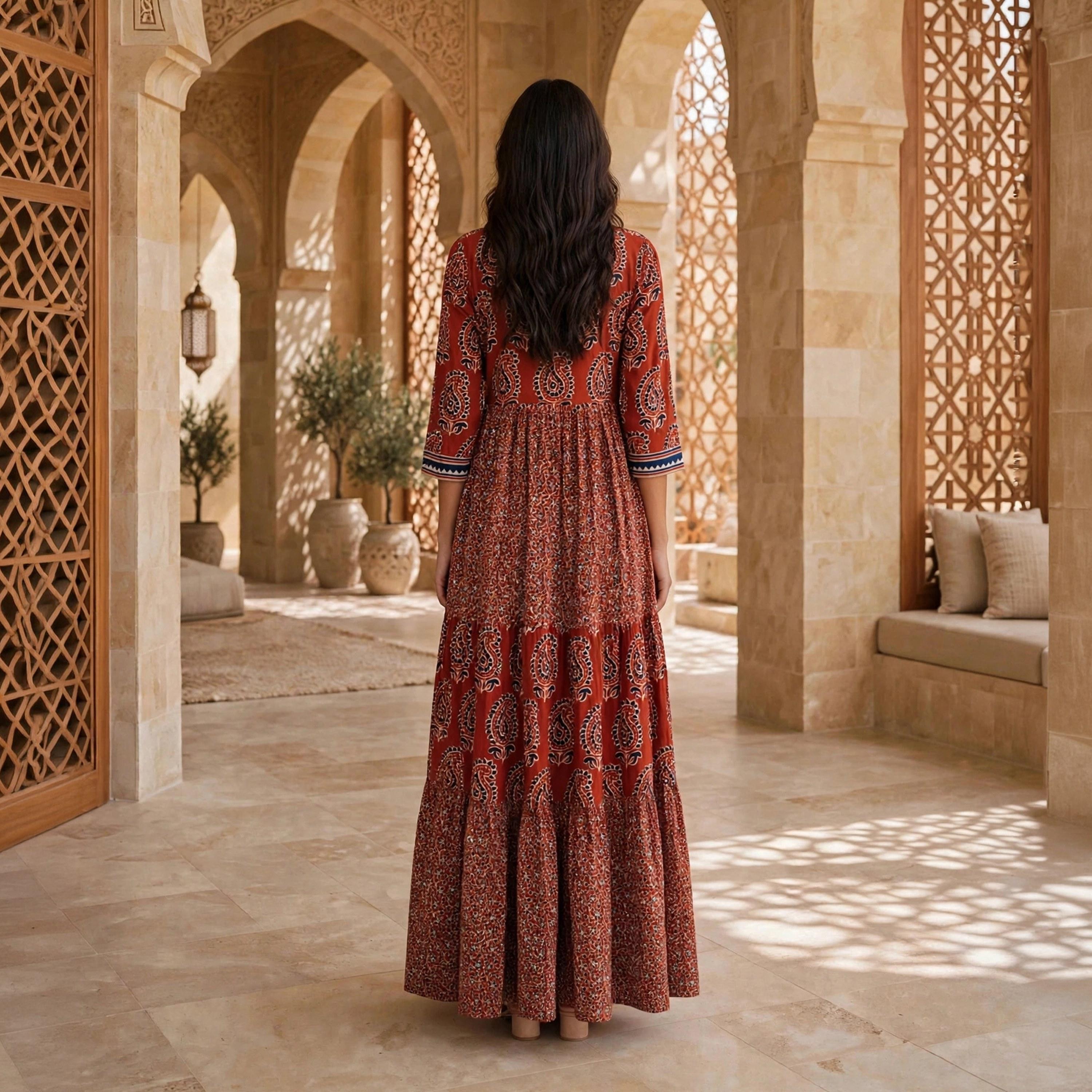 جلابية حريمي بطبقات بطبعة بيزلي إثنية من إيكسا-women-arabicclothing-jalabiyas-image-10