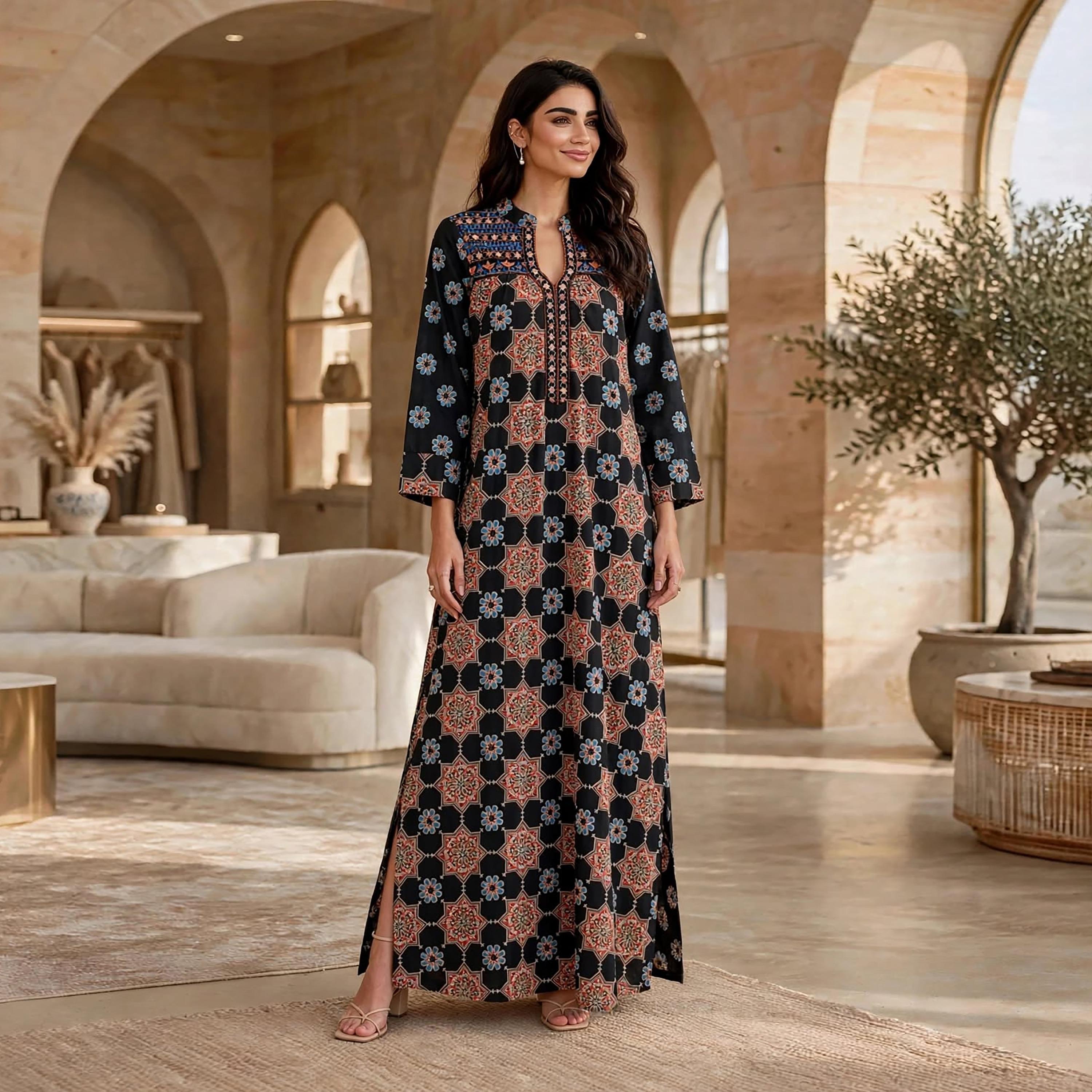 جلابية حريمي بطبعة هندسية وياقة ماندرين من إيكسا-women-arabicclothing-jalabiyas-image-1