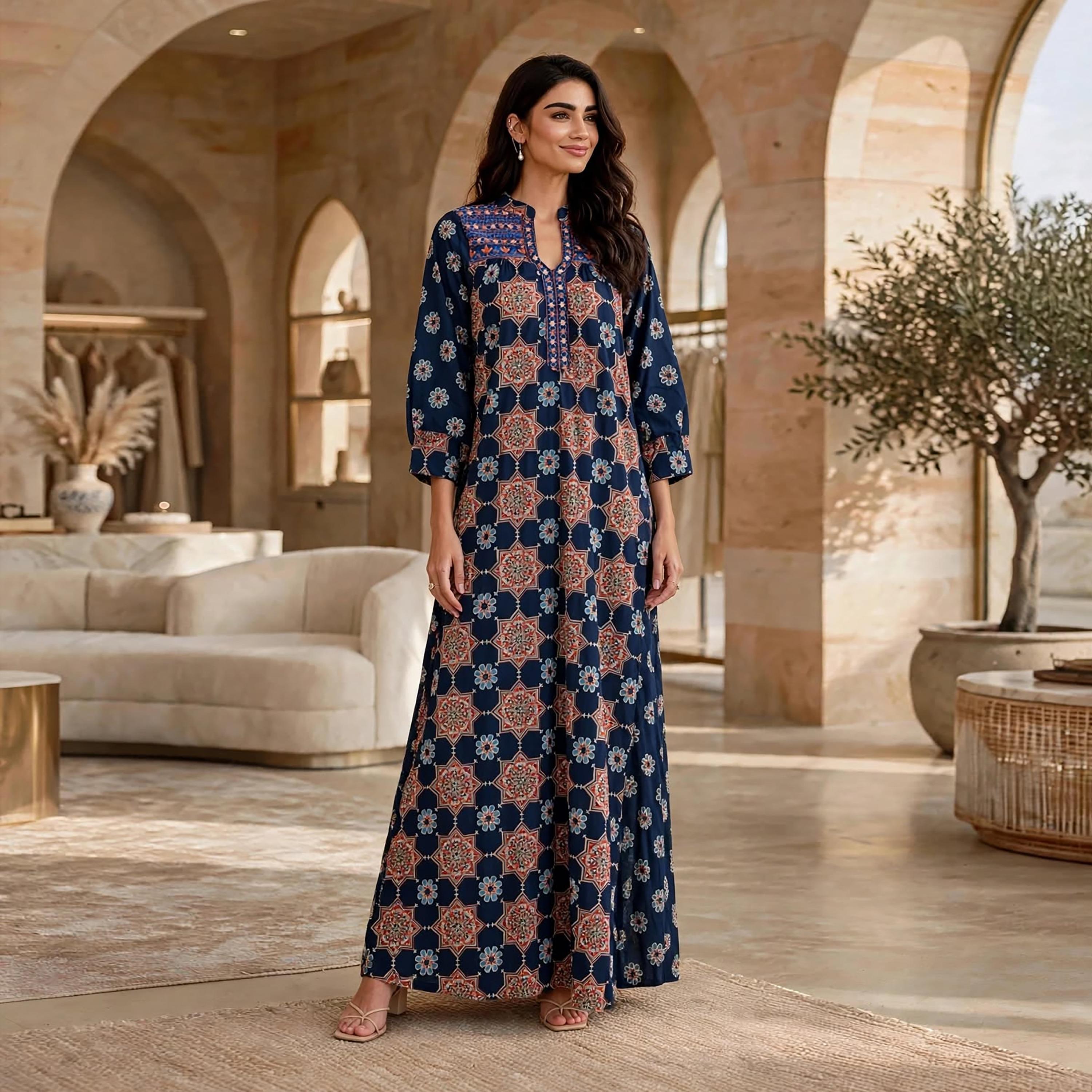 جلابية حريمي بطبعة هندسية وياقة ماندرين من إيكسا-women-arabicclothing-jalabiyas-image-1