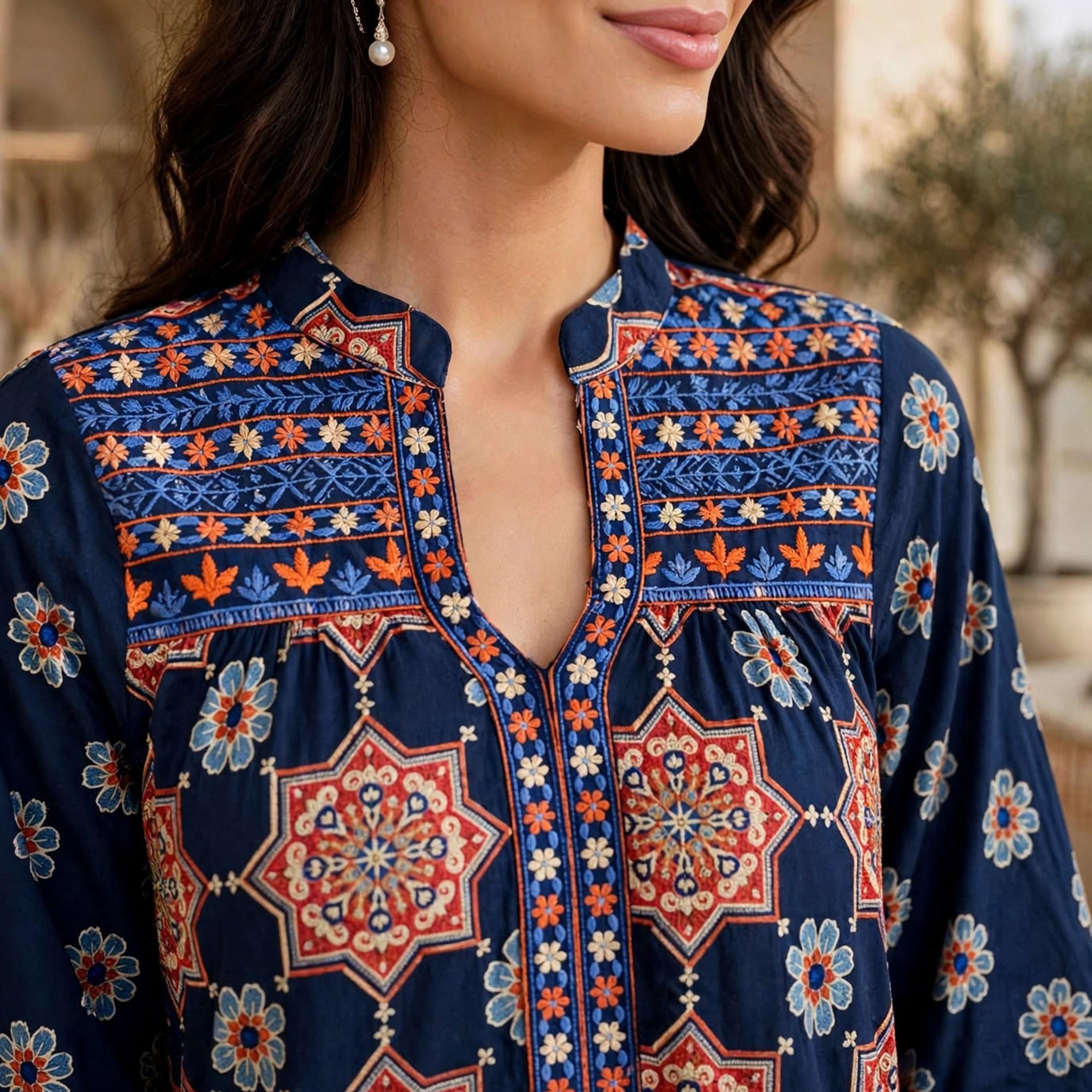 جلابية حريمي بطبعة هندسية وياقة ماندرين من إيكسا-women-arabicclothing-jalabiyas-image-2