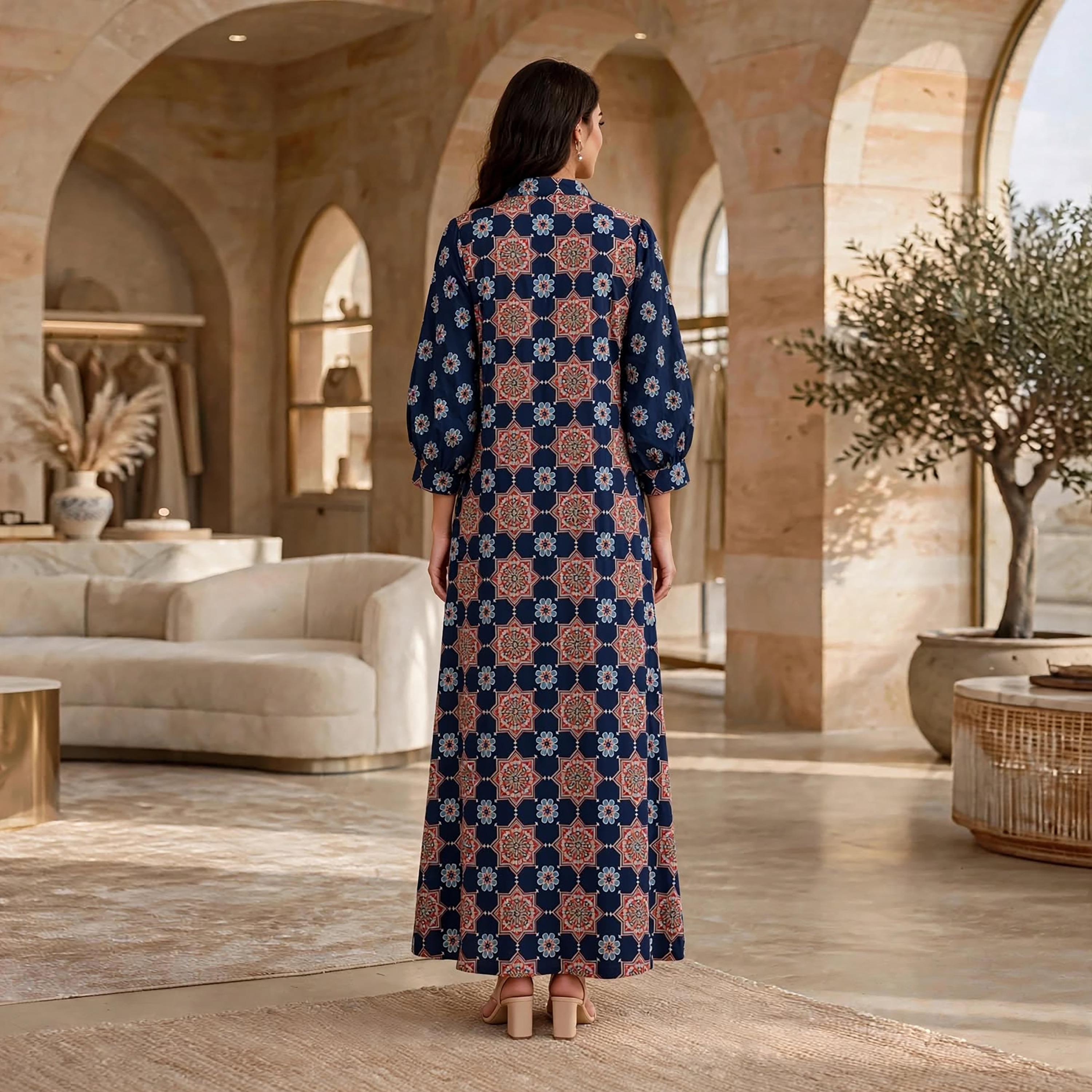 IKKXA Geometric Print Mandarin Collar Women's Jalabiya-women-arabicclothing-jalabiyas-image-5