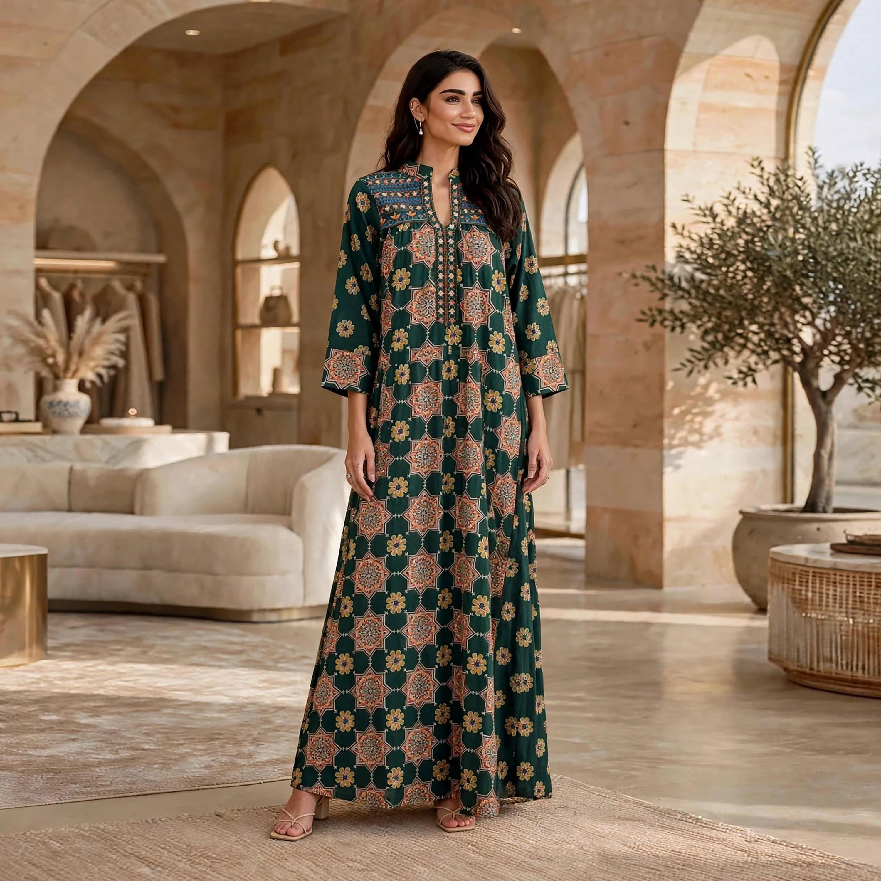 جلابية حريمي بطبعة هندسية وياقة ماندرين من إيكسا-women-arabicclothing-jalabiyas-image-11