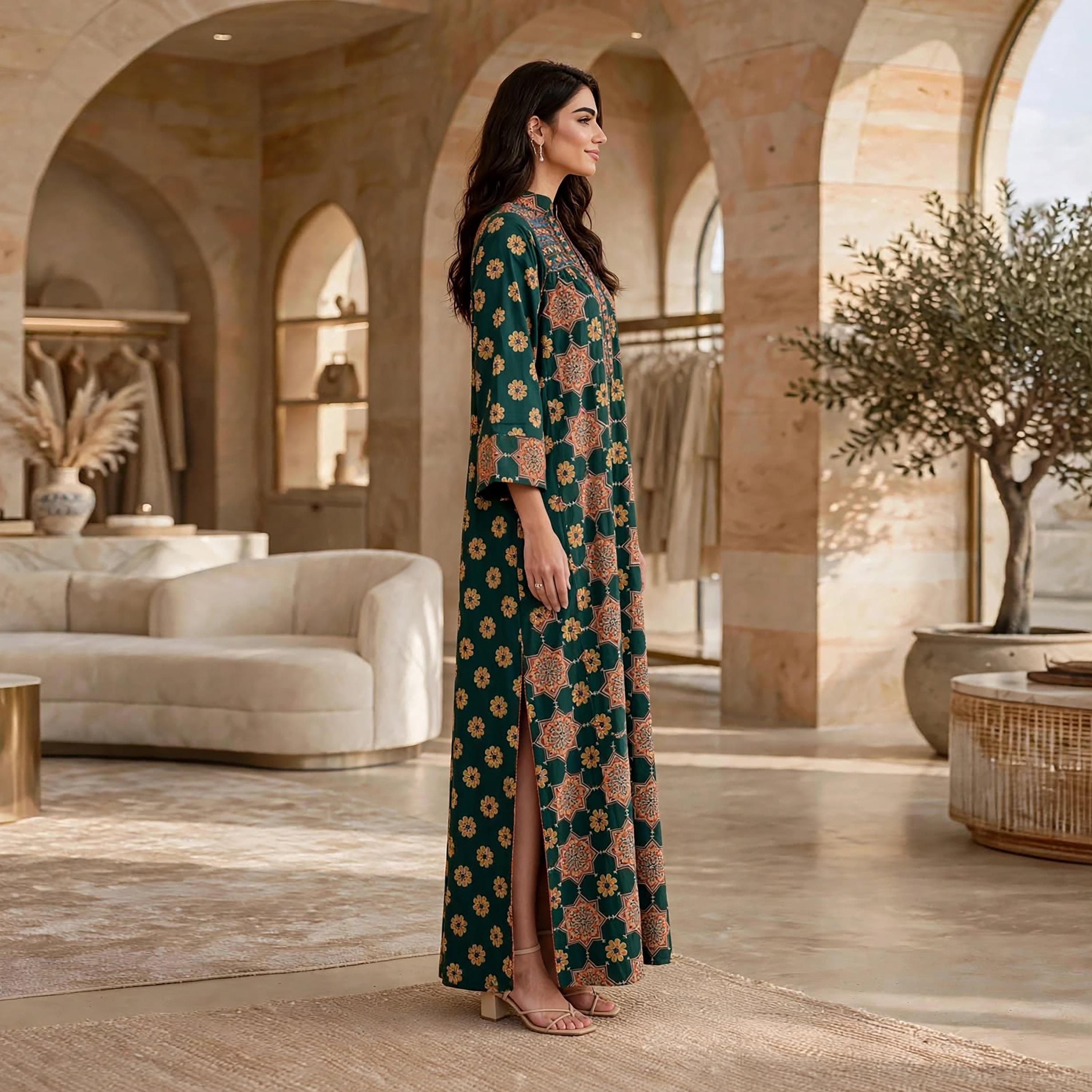 جلابية حريمي بطبعة هندسية وياقة ماندرين من إيكسا-women-arabicclothing-jalabiyas-image-13
