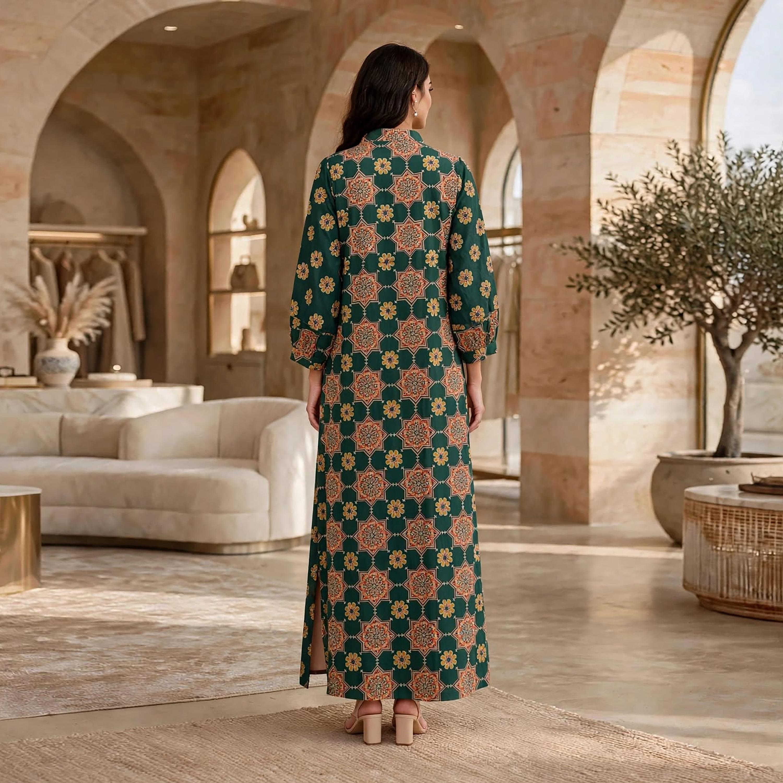 جلابية حريمي بطبعة هندسية وياقة ماندرين من إيكسا-women-arabicclothing-jalabiyas-image-14